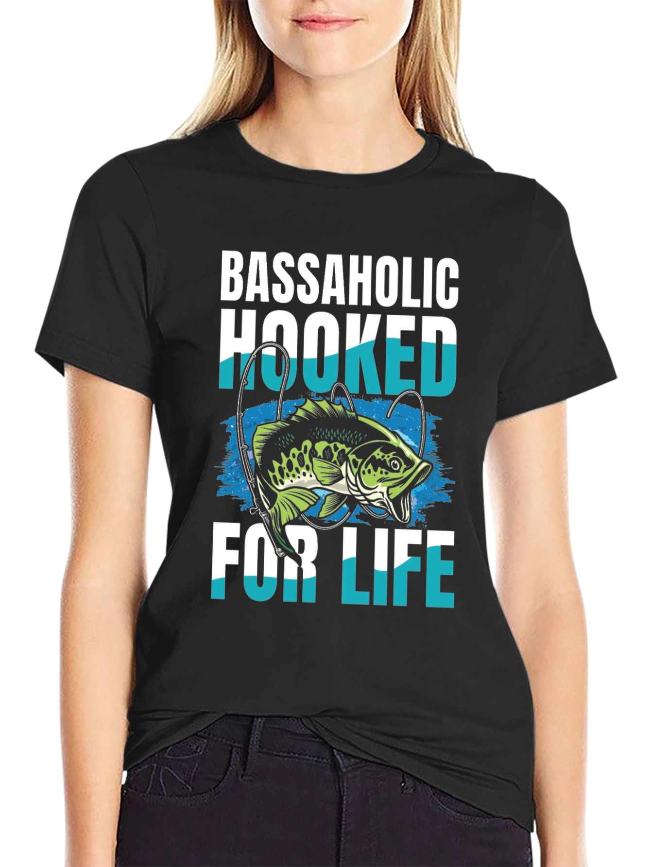 Black Bassaholic Hooked for Life T-Shirt Fishing Angler view 2