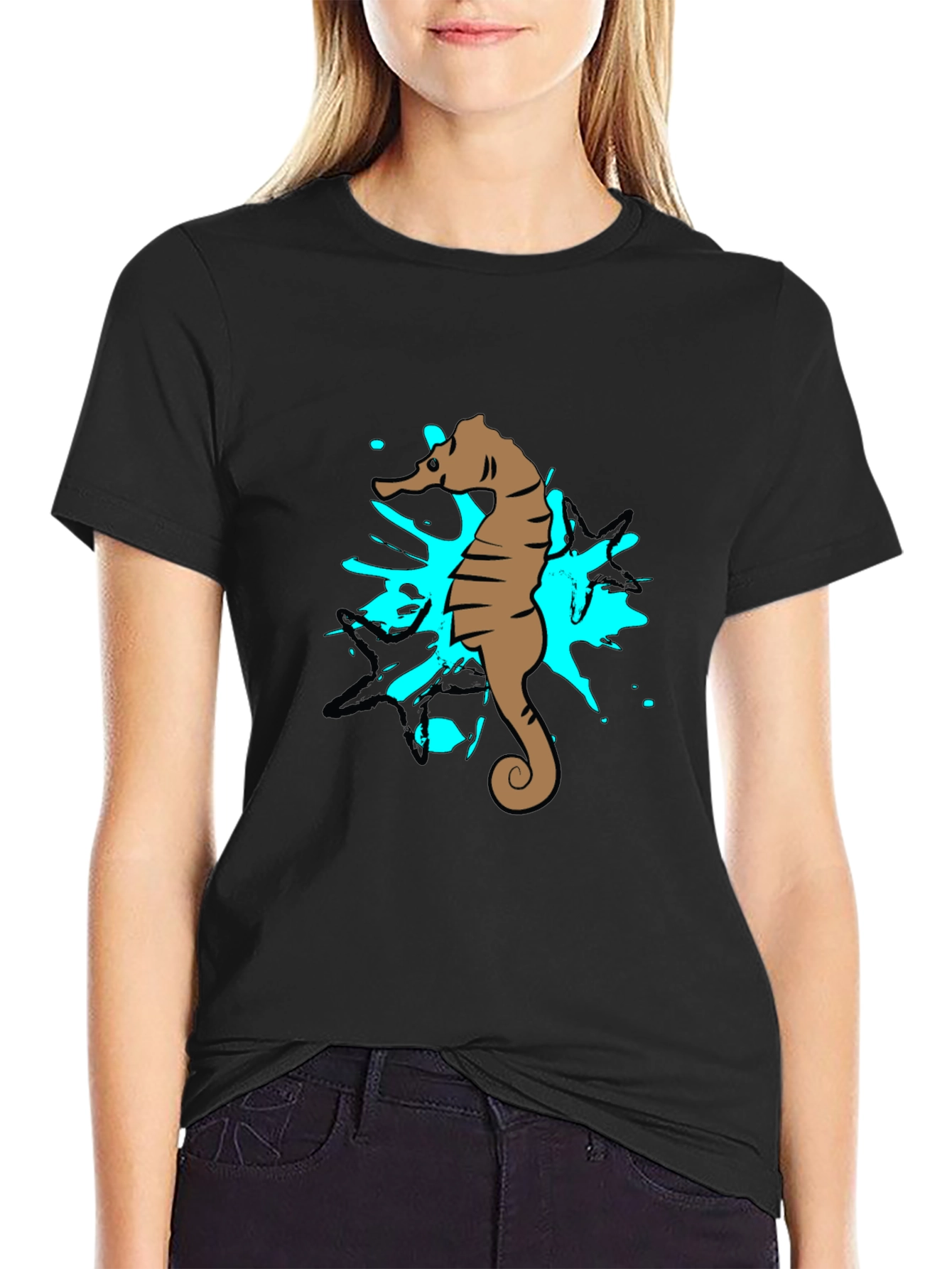 Black Seahorse Splash Graphic T-Shirt - Black Cotton Tee view 2