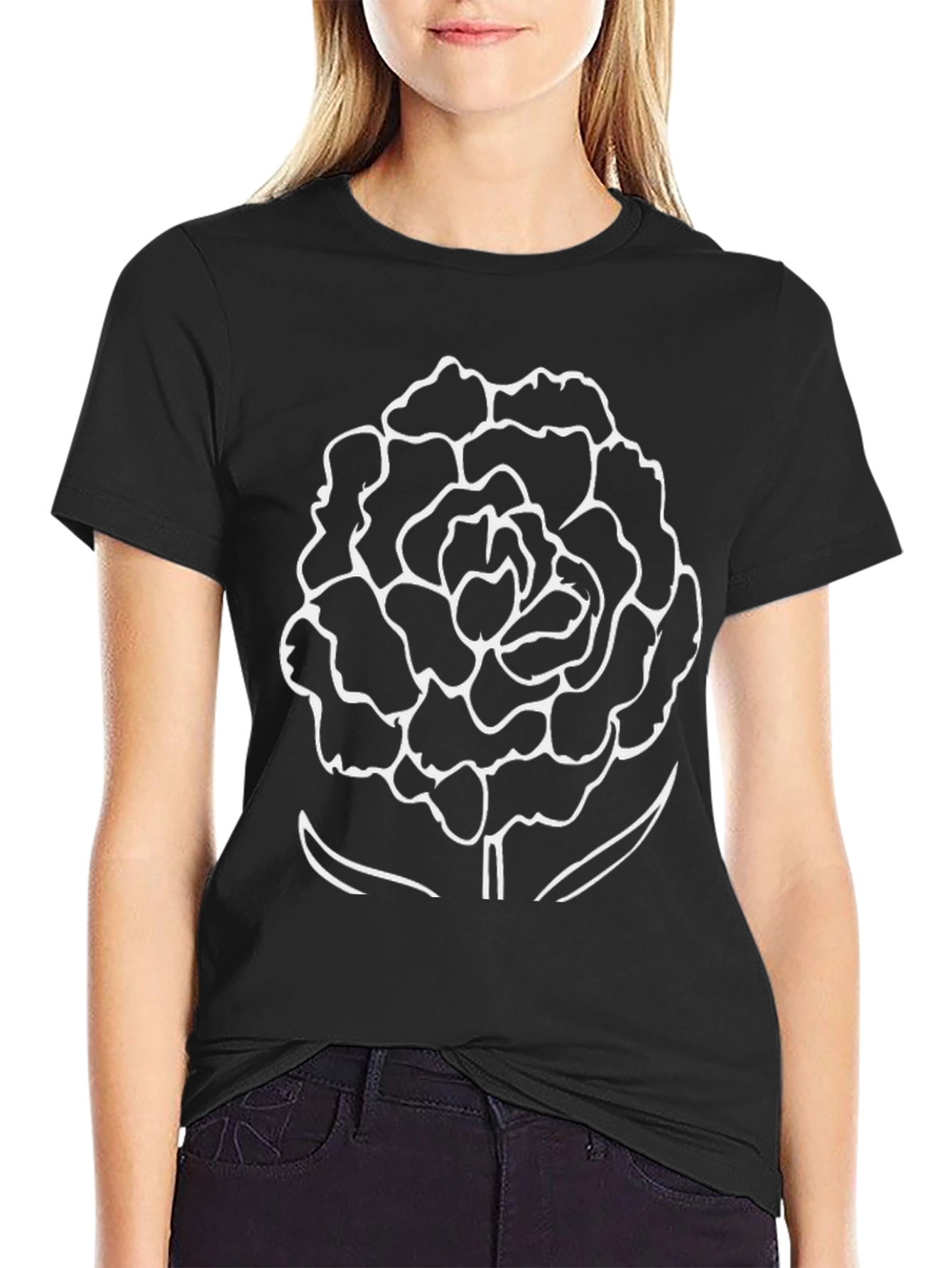 Black Black T-Shirt with White Flower Print view 2