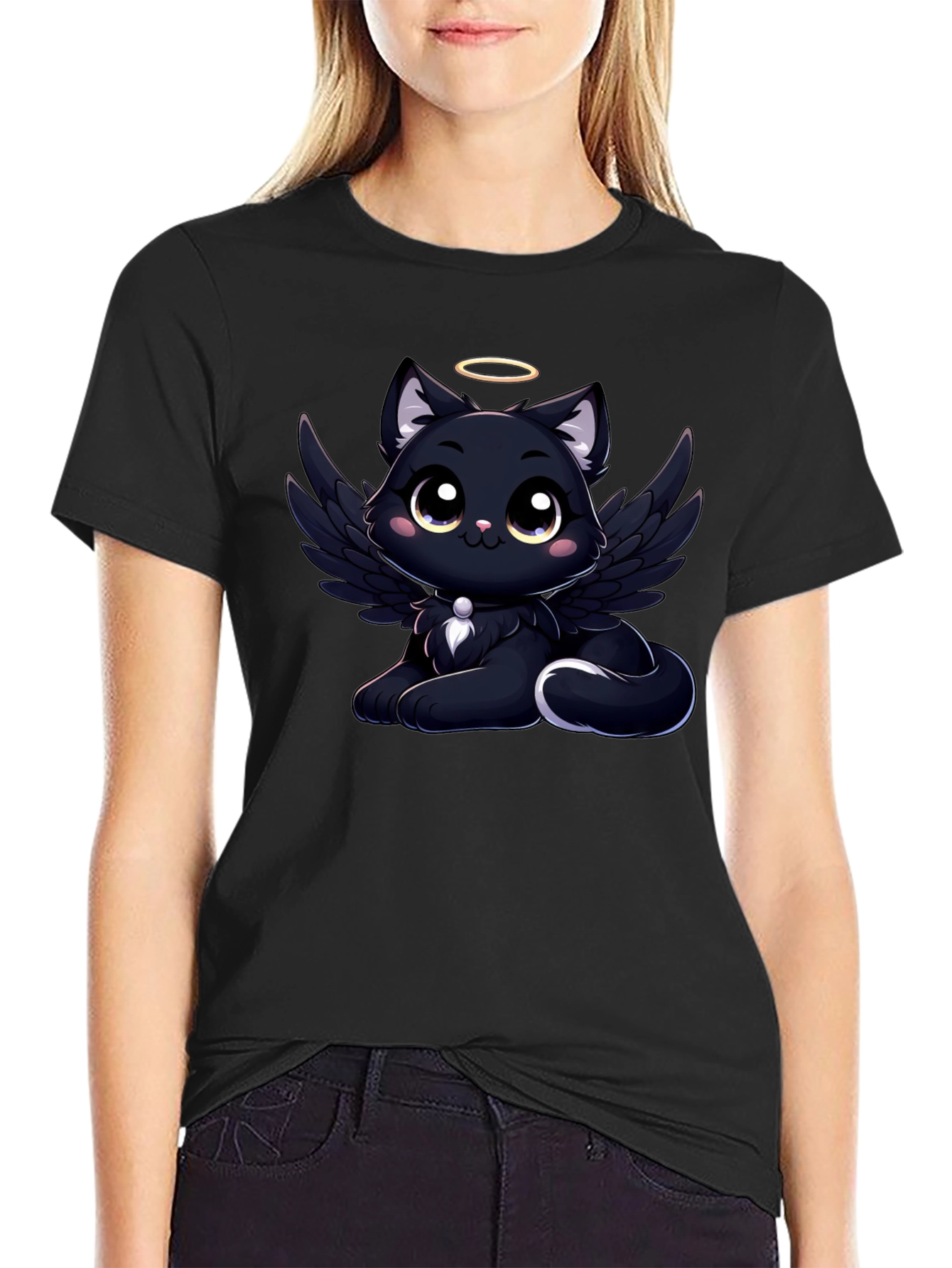 Black Angel Cat Graphic T-Shirt - Soft Cotton Tee view 2