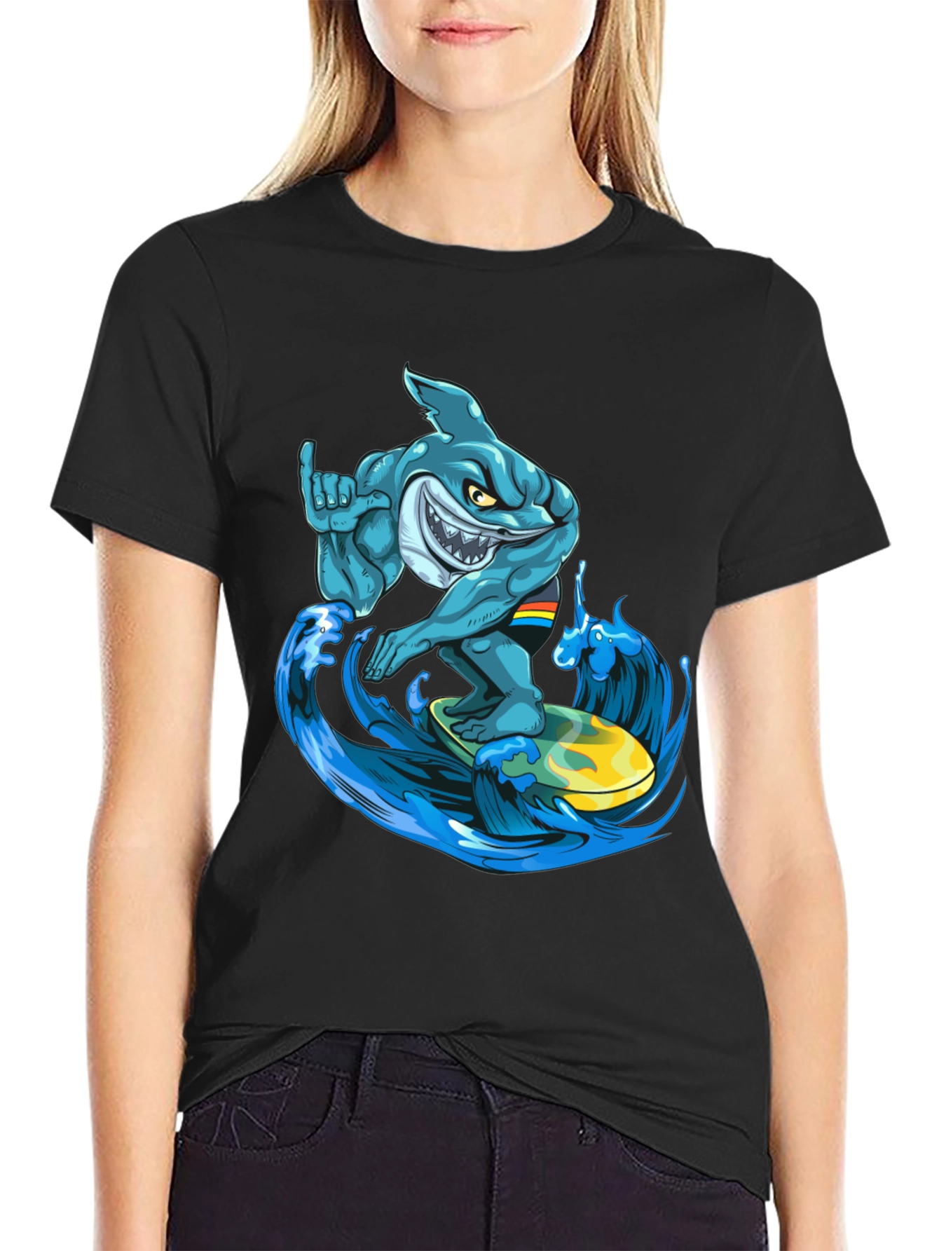 Black Surfing Shark Graphic T-Shirt - Cool Cartoon Design view 2