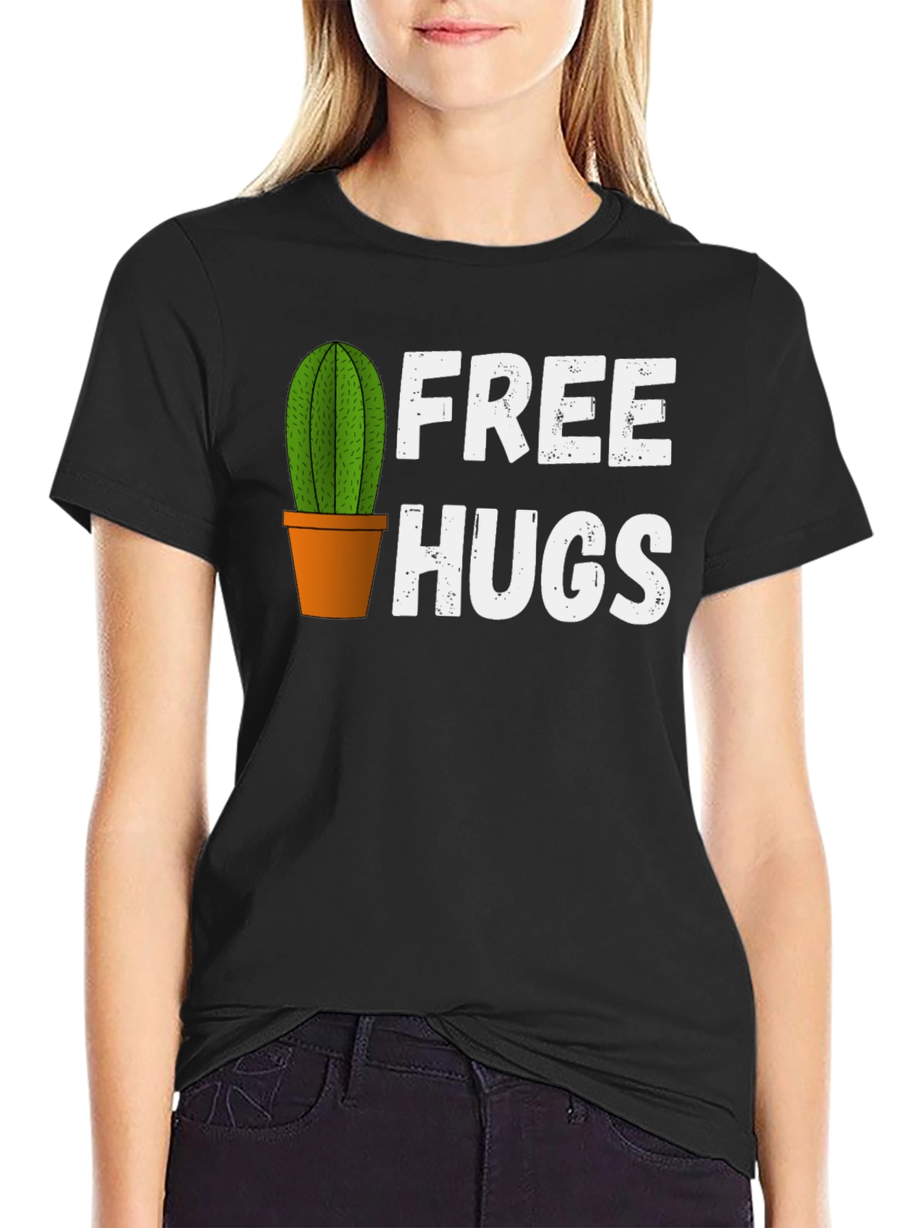 Black Funny Cactus Free Hugs Graphic T-Shirt view 2