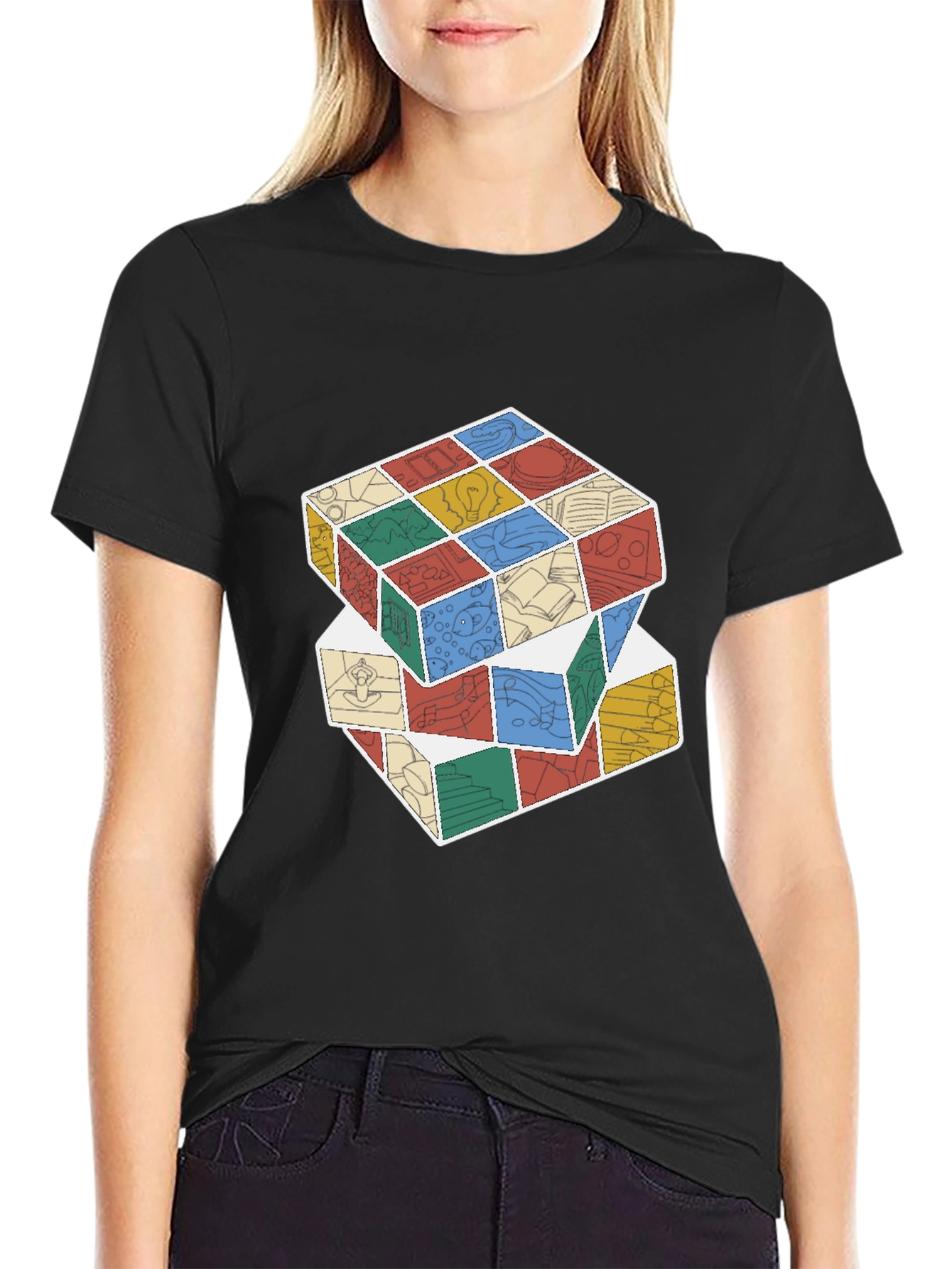 Black Stacked Cube Design Black T-Shirt view 2