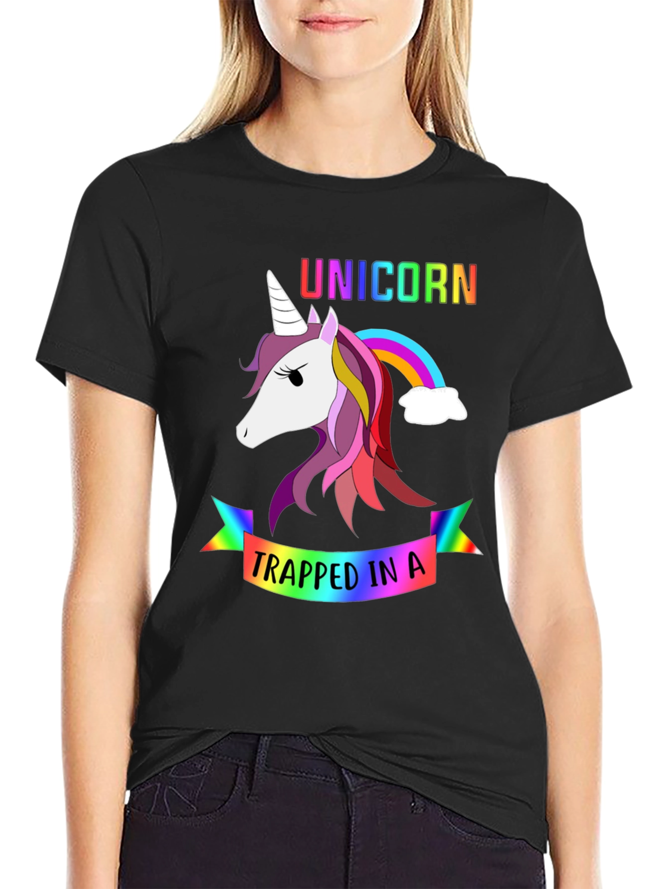 Black Unicorn Trapped in a Rainbow Graphic Tee view 2