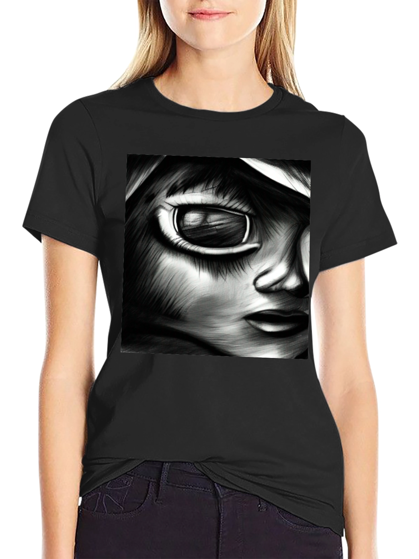 Black Monochrome Anime Art Tee view 2