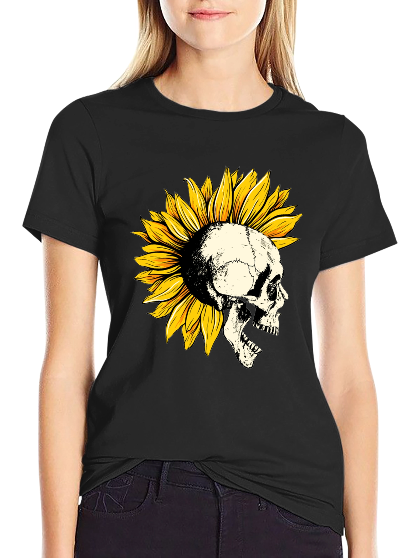 Black Skull Sunflower Graphic T-Shirt - Unique Design view 2