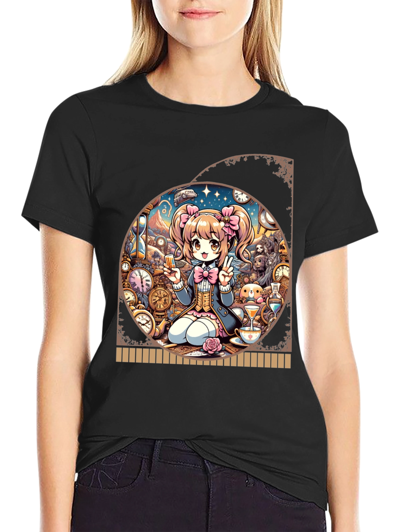 Black Anime Girl Time Travel Graphic Tee - Unique Design view 2