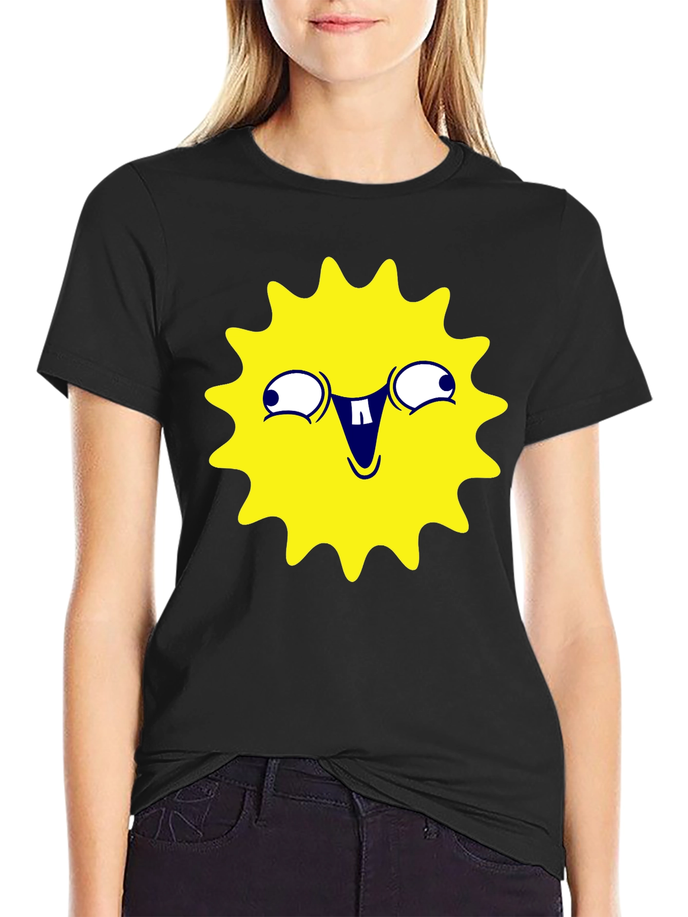 Black Funny Yellow Sun Face Graphic T-Shirt - Black view 2