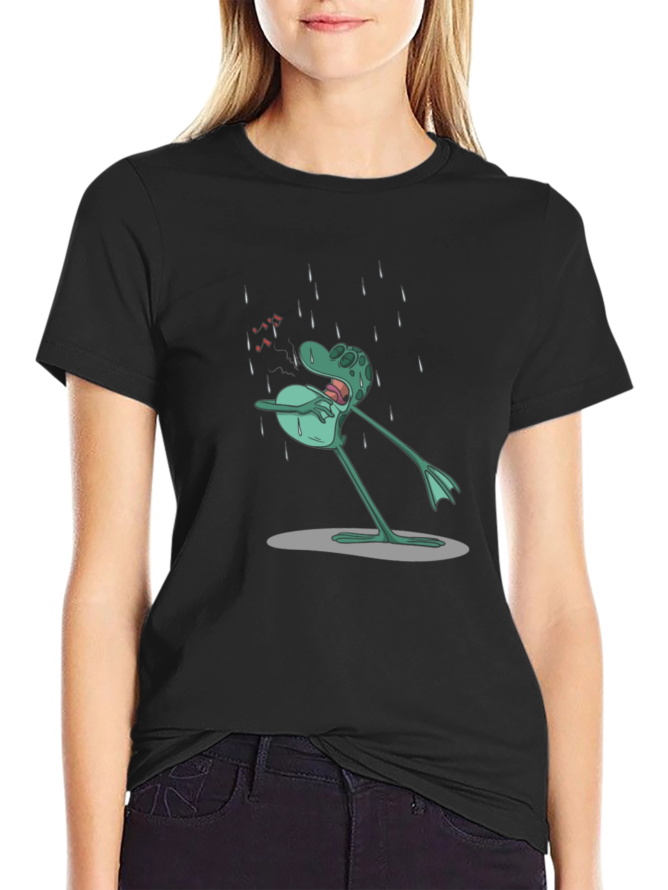 Black Sad Frog Cartoon Black T-Shirt view 2