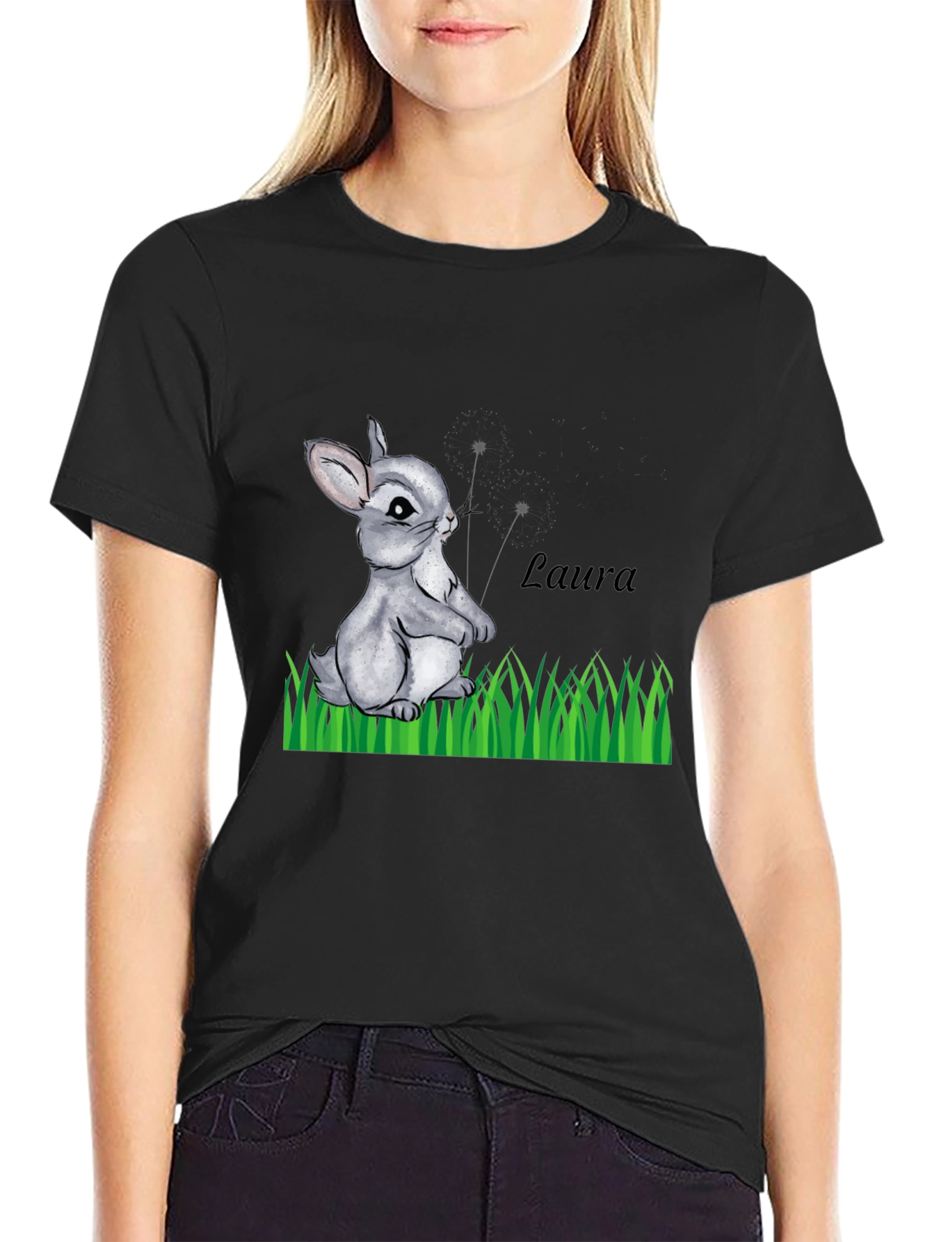 Black Cute Bunny 'Laura' Personalized Black T-Shirt view 2