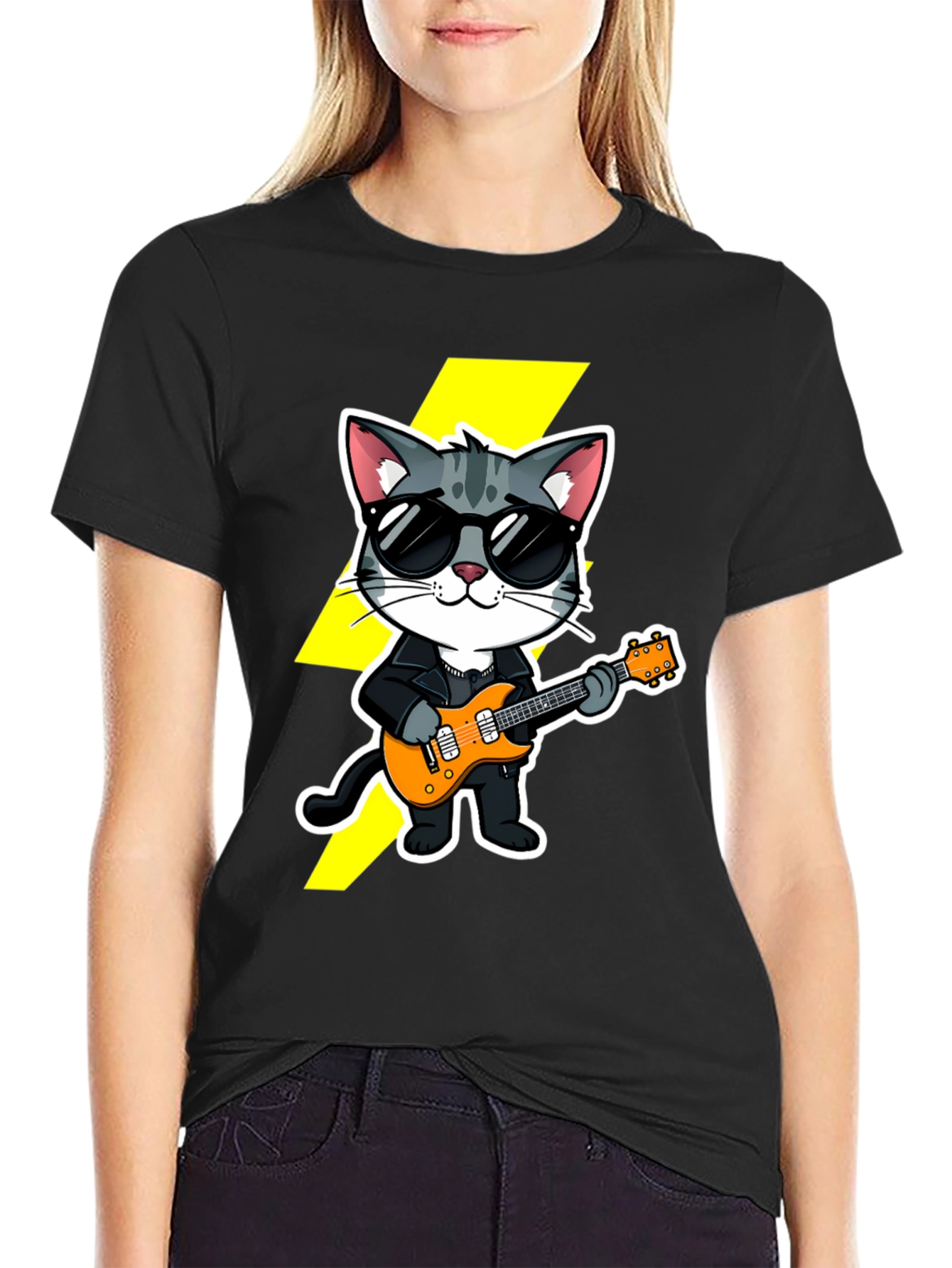 Black Rockstar Cat T-Shirt - Cool Cat with Guitar view 2