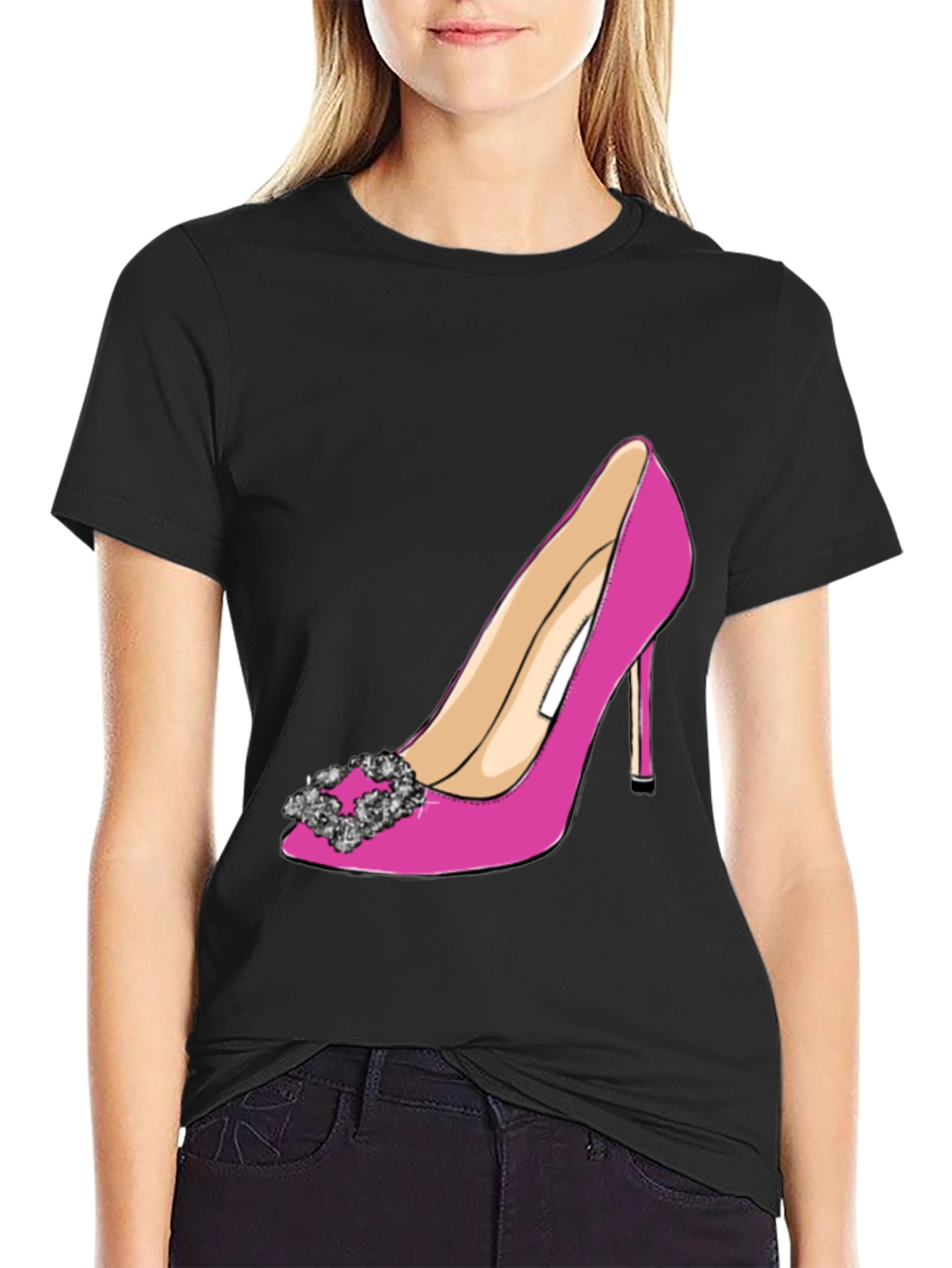 Black Stylish Pink High Heel Shoe Graphic Tee view 2