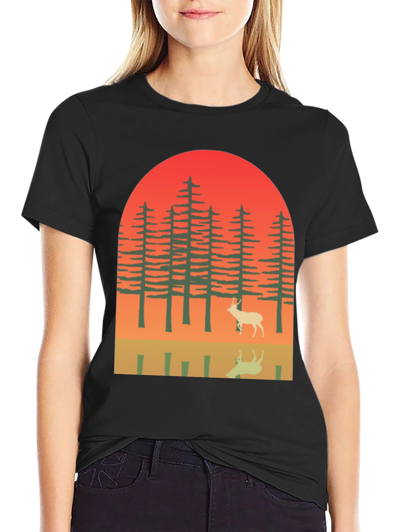 Black Retro Deer Forest Graphic Tee view 2