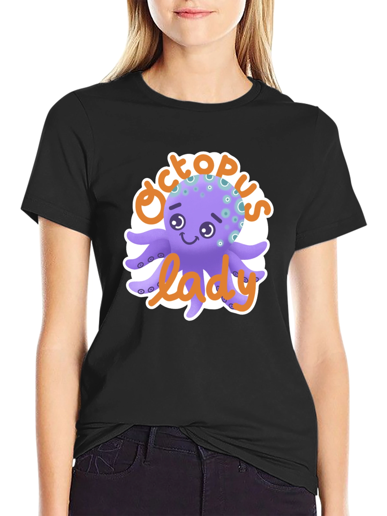 Black Octopus Lady T-Shirt - Cute Cartoon Graphic Tee view 2
