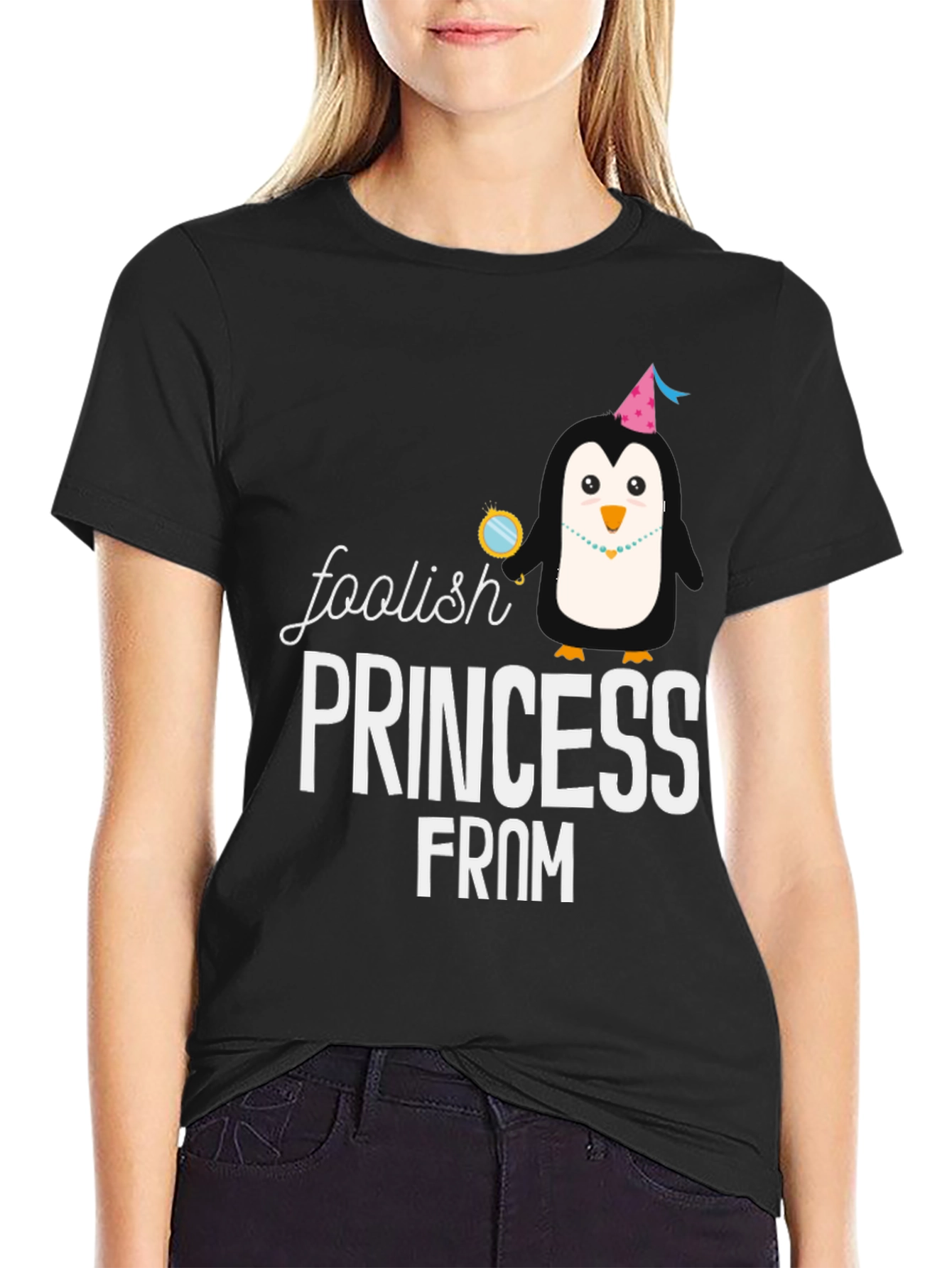 Black Foolish Princess Penguin Graphic T-Shirt view 2