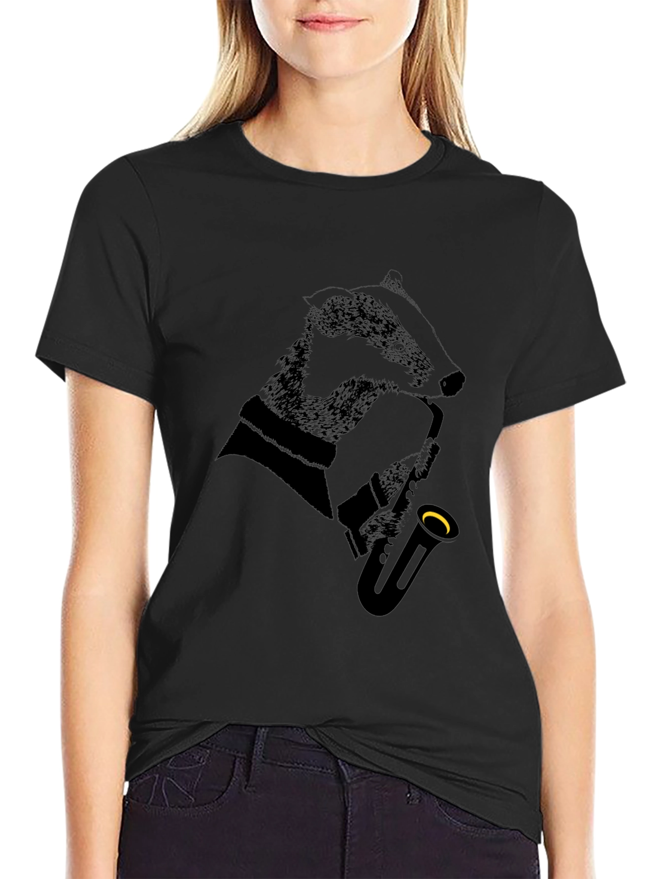 Black Jazz Badger Black T-Shirt - Cool Animal Saxophone Design view 2