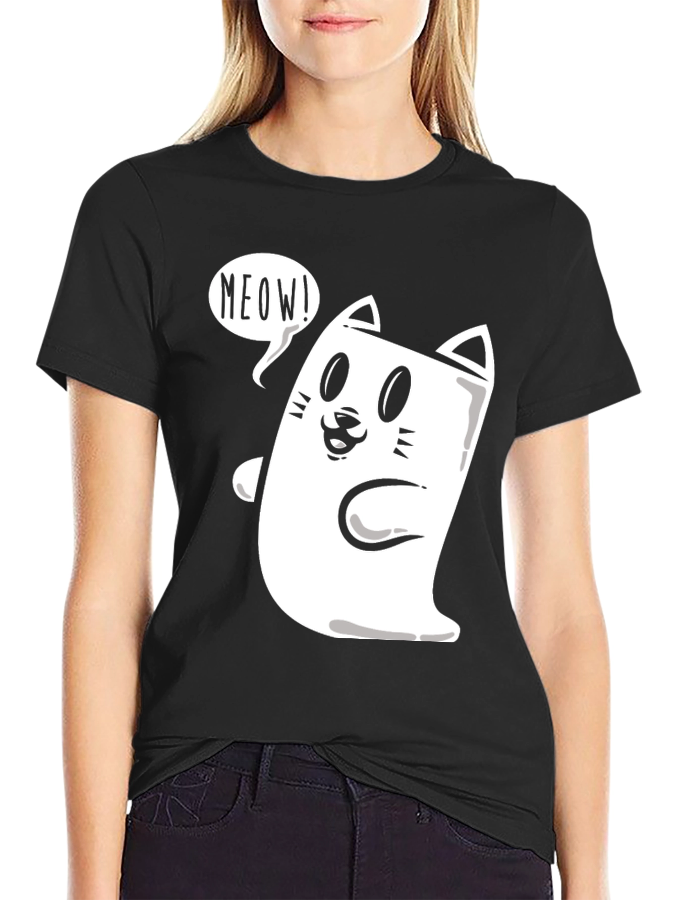Black Meow Cat Graphic Tee - Funny Cartoon T-Shirt view 2