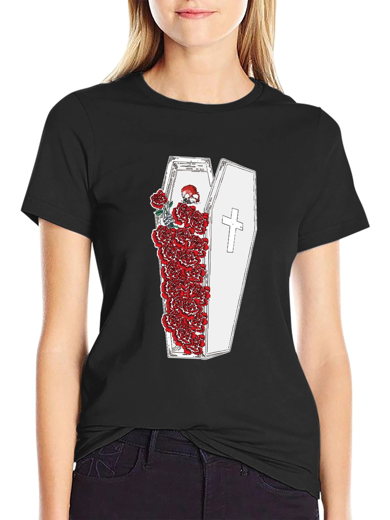 Black Gothic Coffin and Roses Graphic T-Shirt view 2