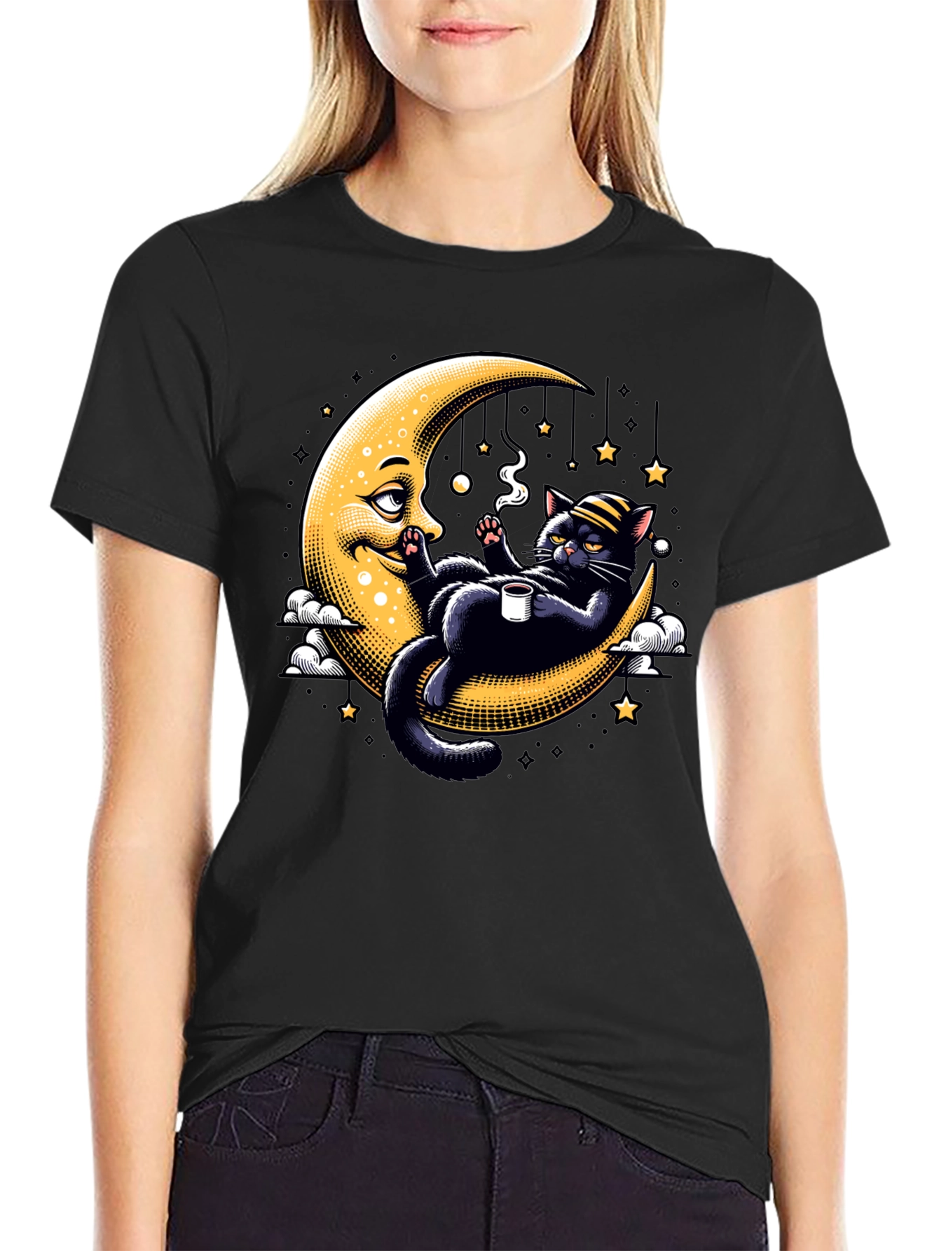Black Cool Cat on Moon T-Shirt view 2