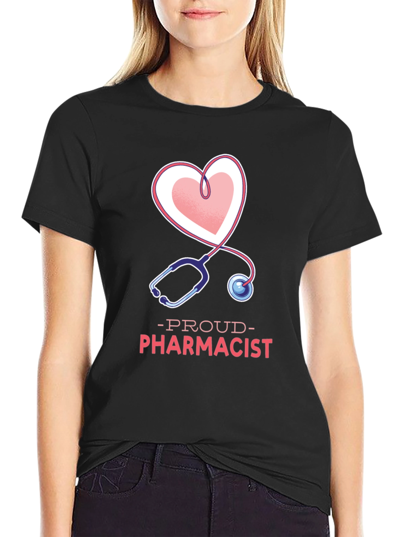 Black Proud Pharmacist Heart Stethoscope T-Shirt view 2