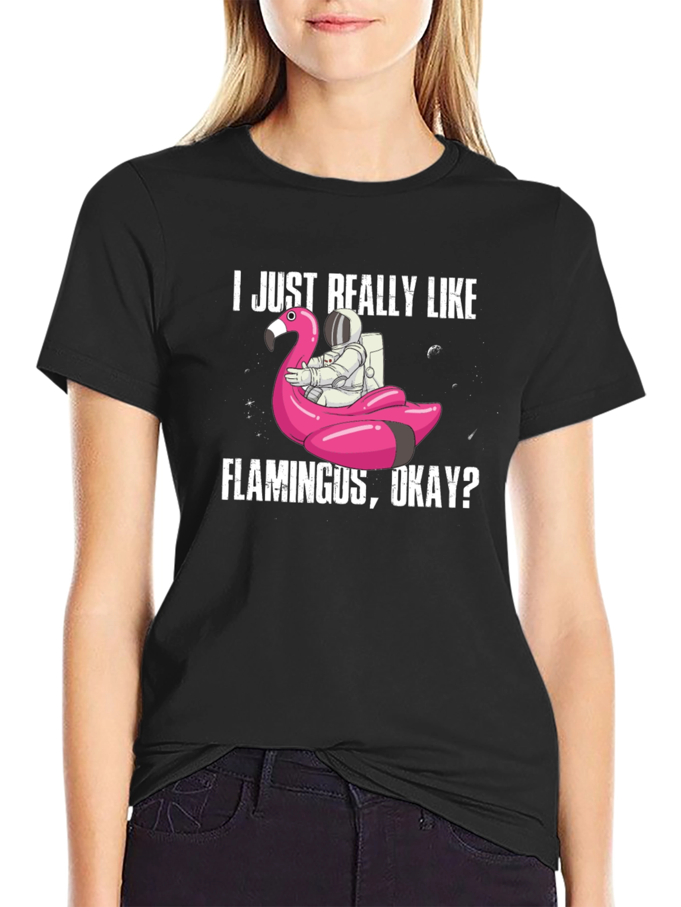 Black Flamingo Astronaut T-Shirt - I Just Really Like Flamingus view 2