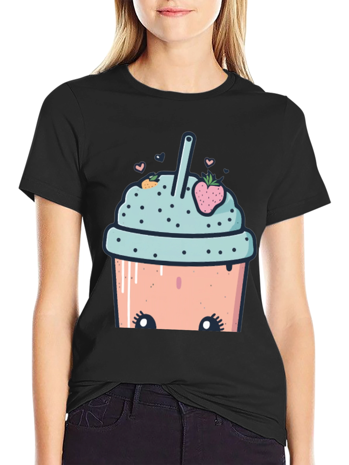 Black Cute Cartoon Smoothie T-Shirt view 2