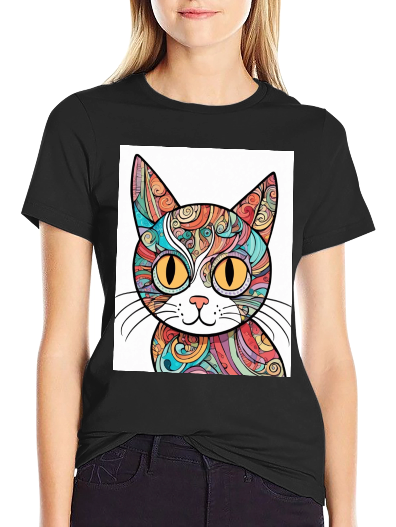 Black Colorful Cat Graphic T-Shirt - Unique Design view 2