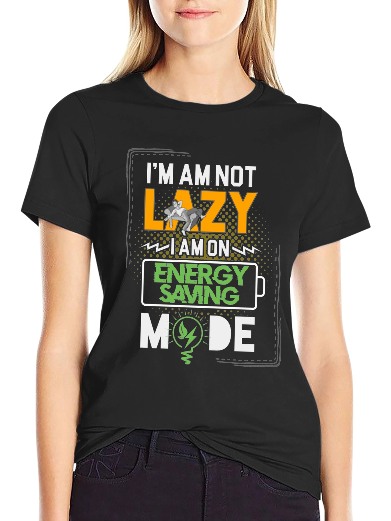 Black Funny Energy Saving Mode Graphic T-Shirt view 2