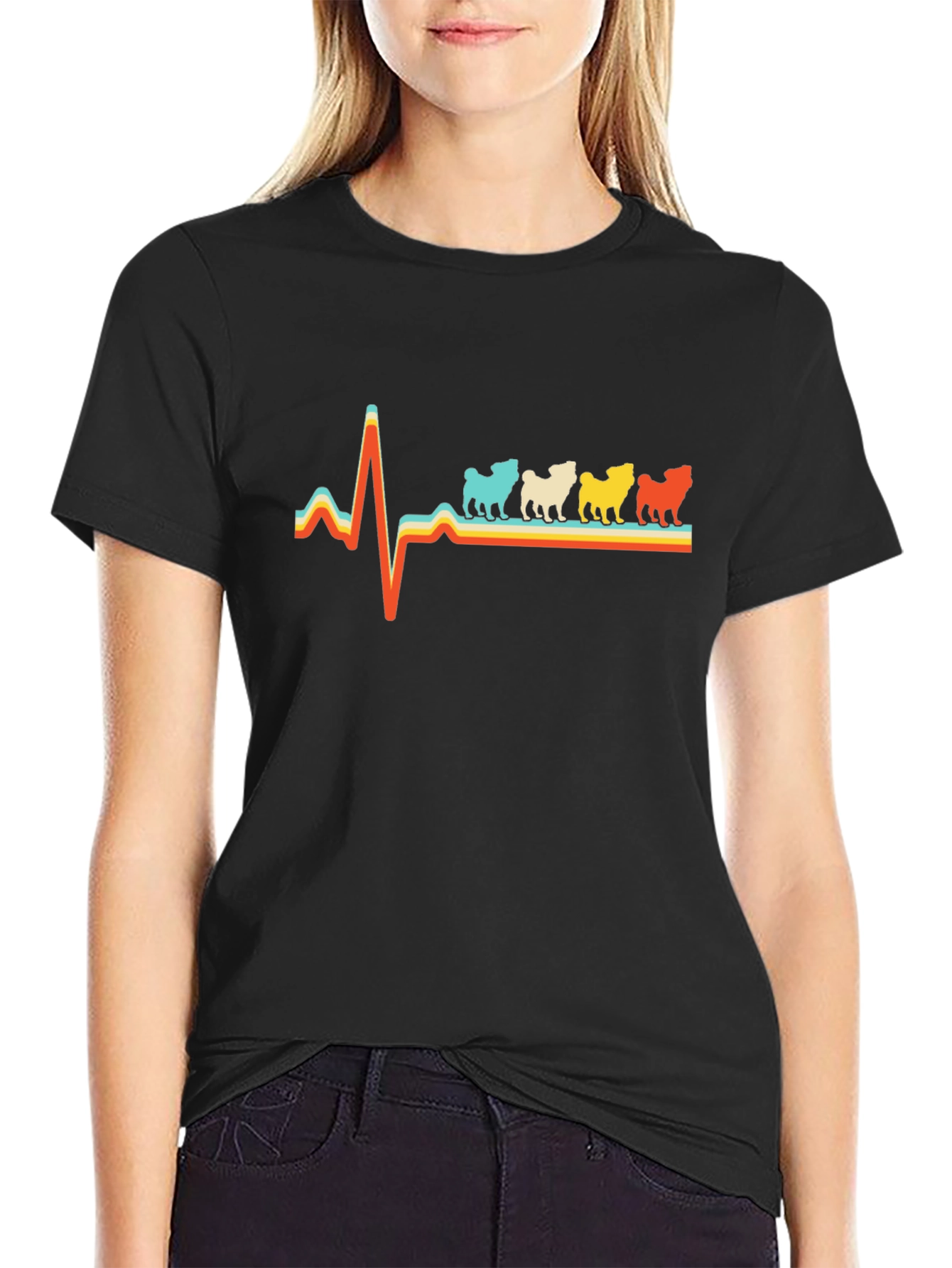 Black Pug Heartbeat Retro T-Shirt - Black view 2