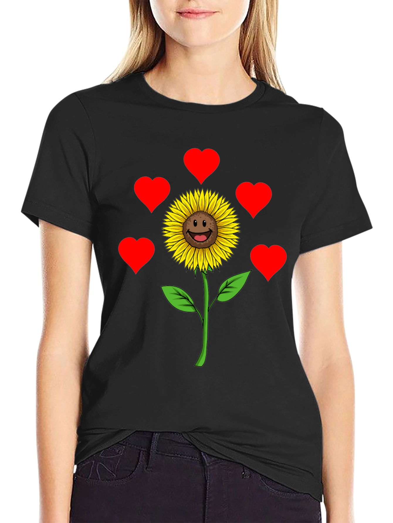 Black Sunflower Heart Graphic Tee - Black Casual Shirt view 2