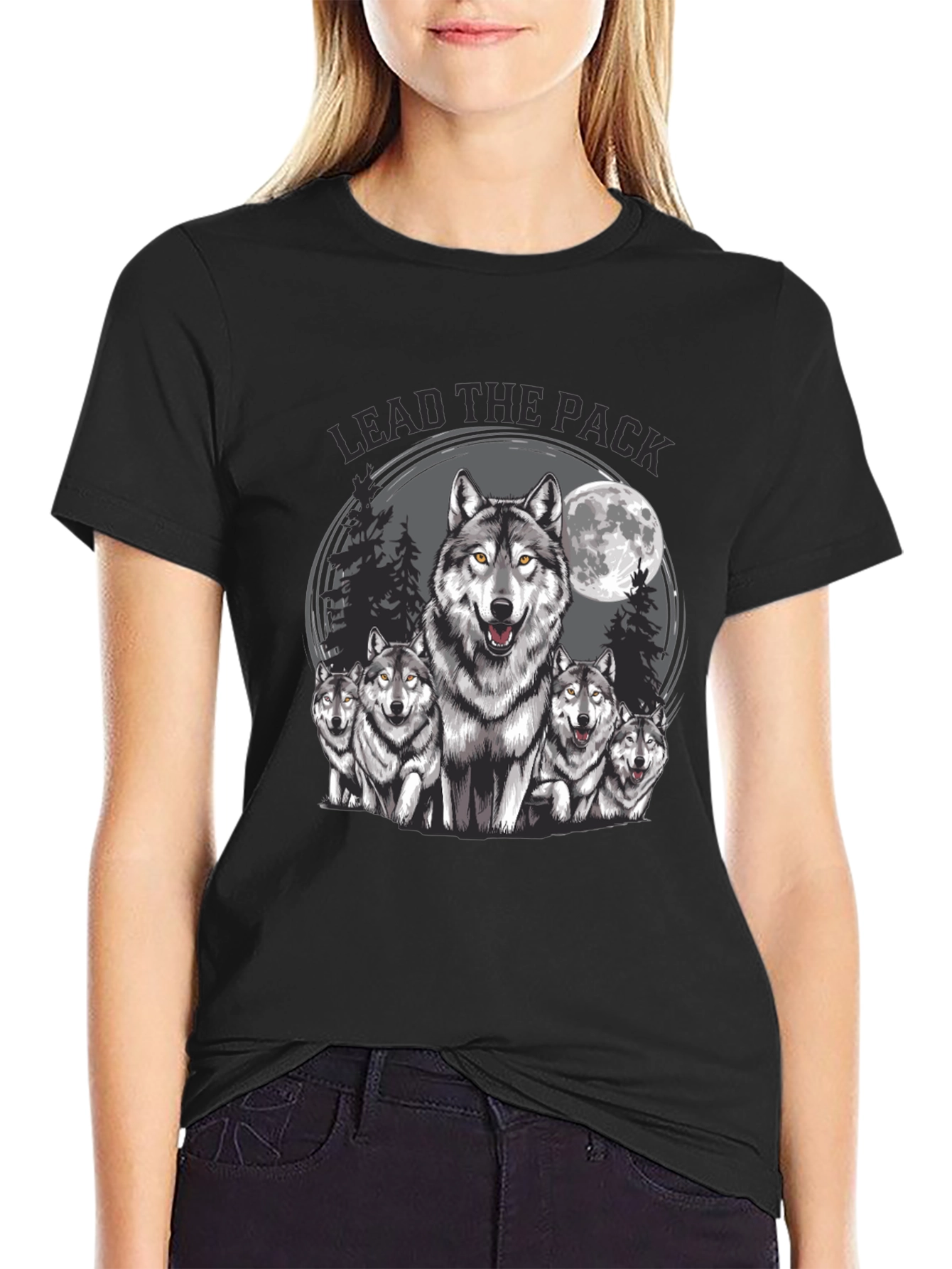 Black Lead the Pack Wolf Graphic T-Shirt view 2