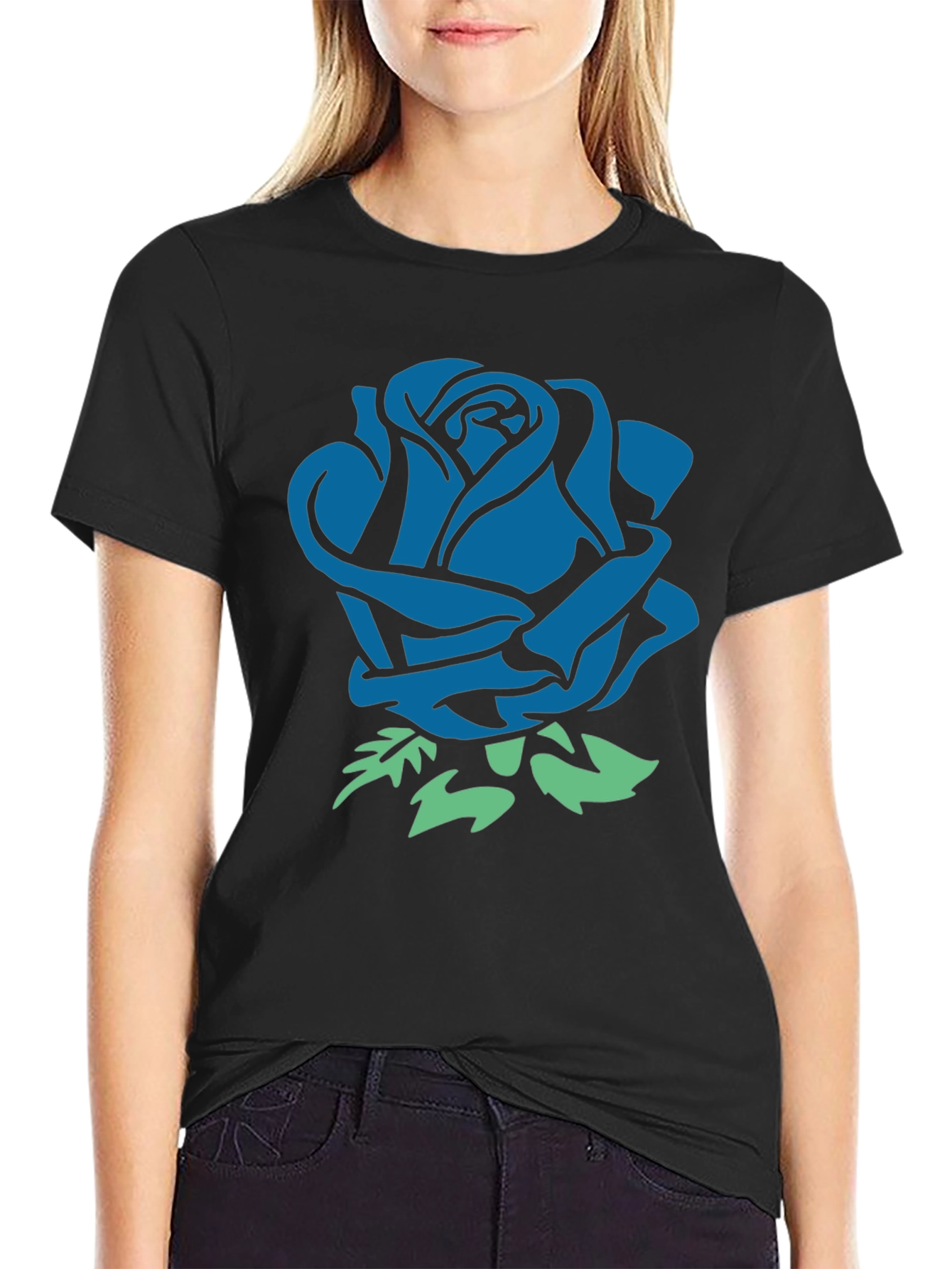 Black Blue Rose Graphic Black T-Shirt view 2