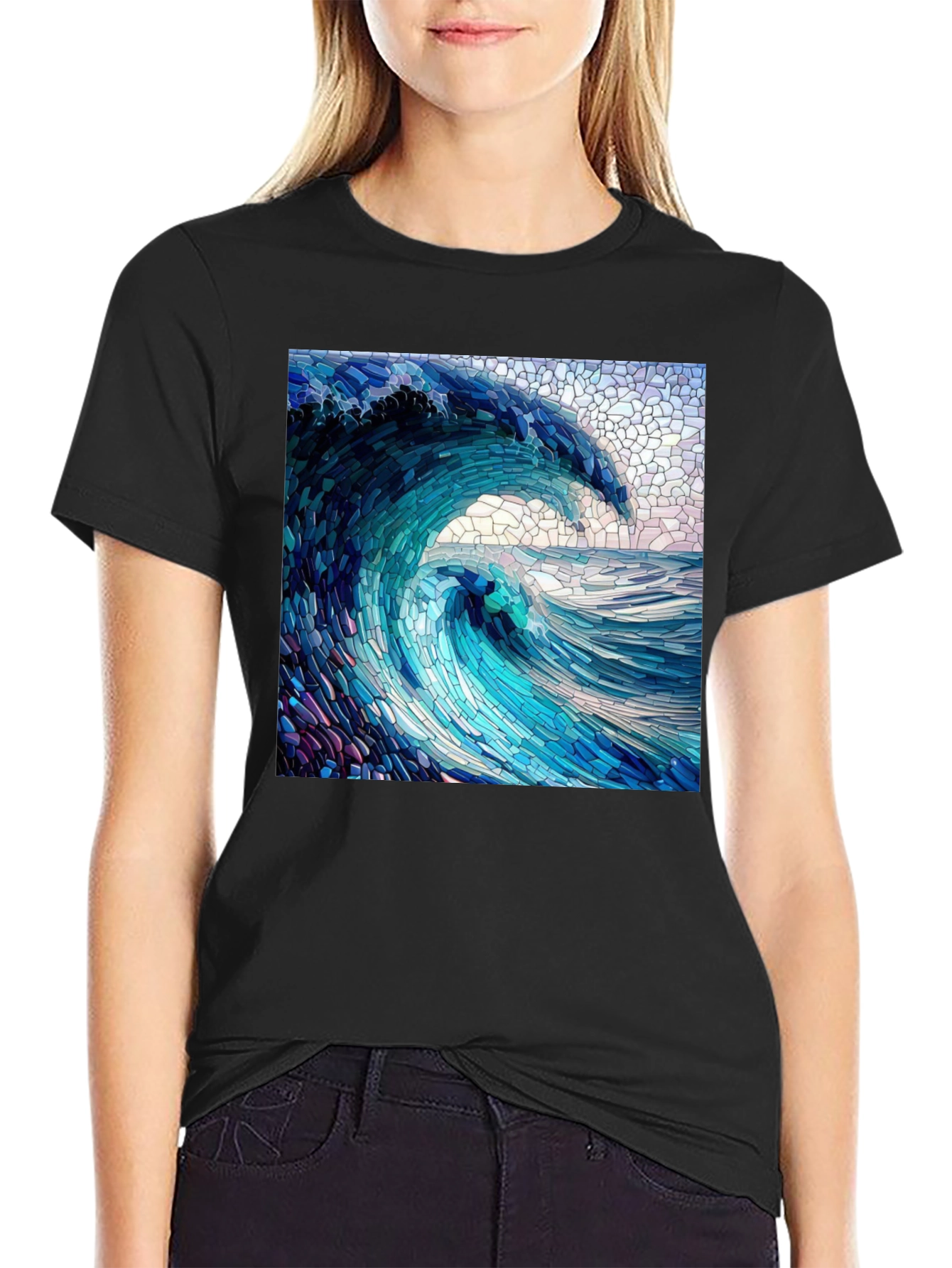 Black Ocean Wave Mosaic Graphic Tee - Unique Design view 2