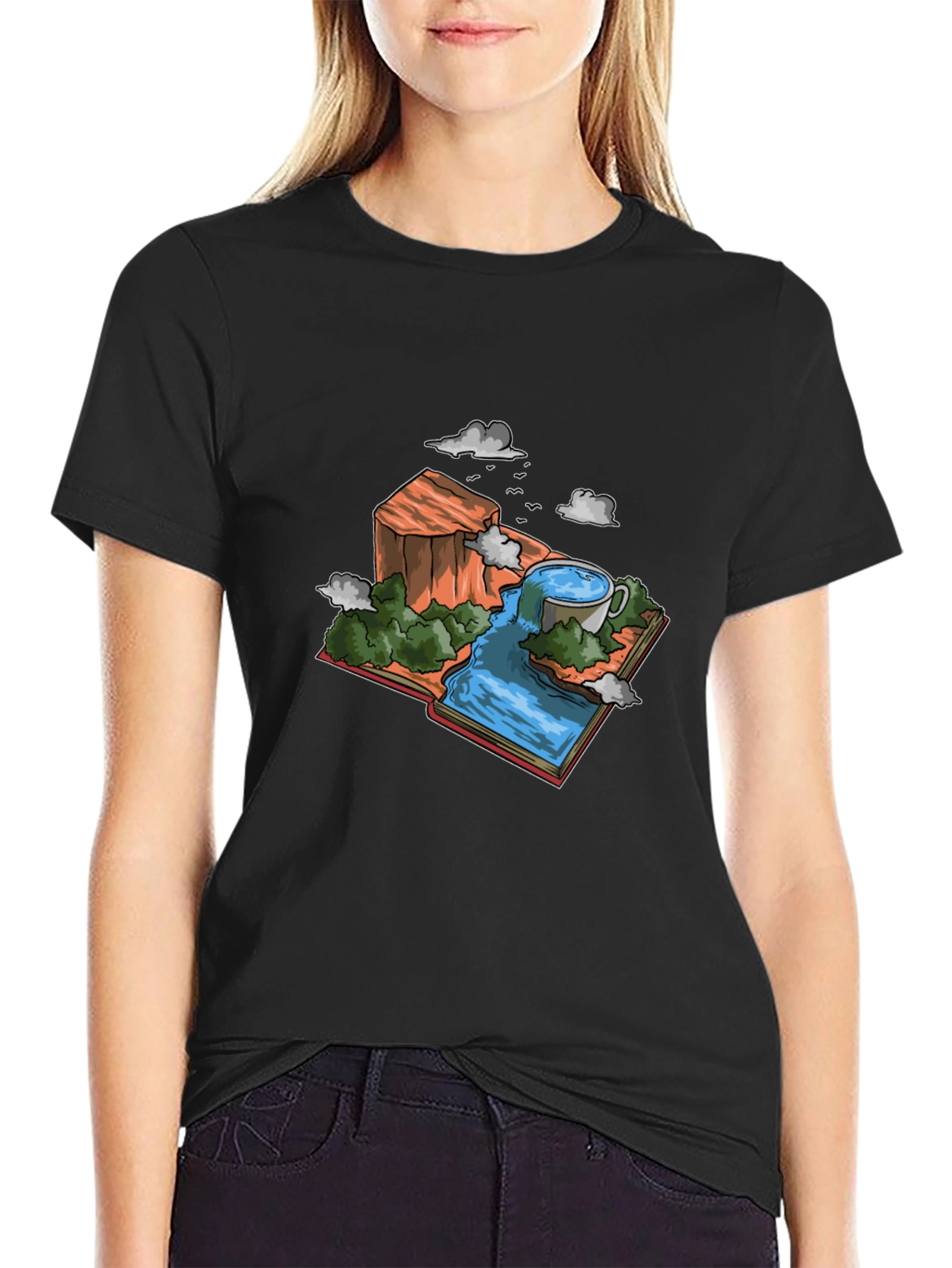 Black Nature Book Waterfall Graphic Tee - Black view 2