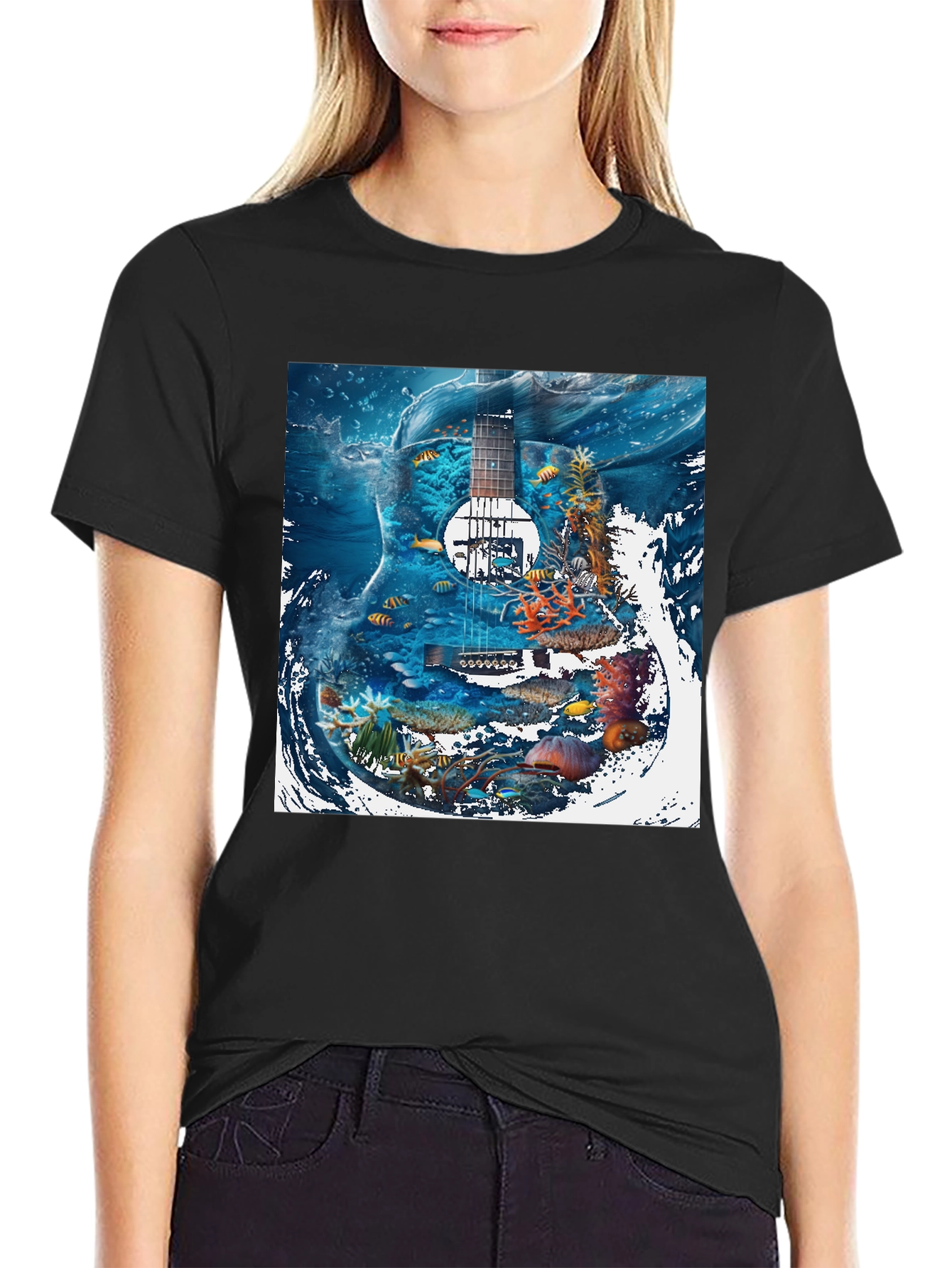 Black Underwater Guitar Graphic T-Shirt view 2