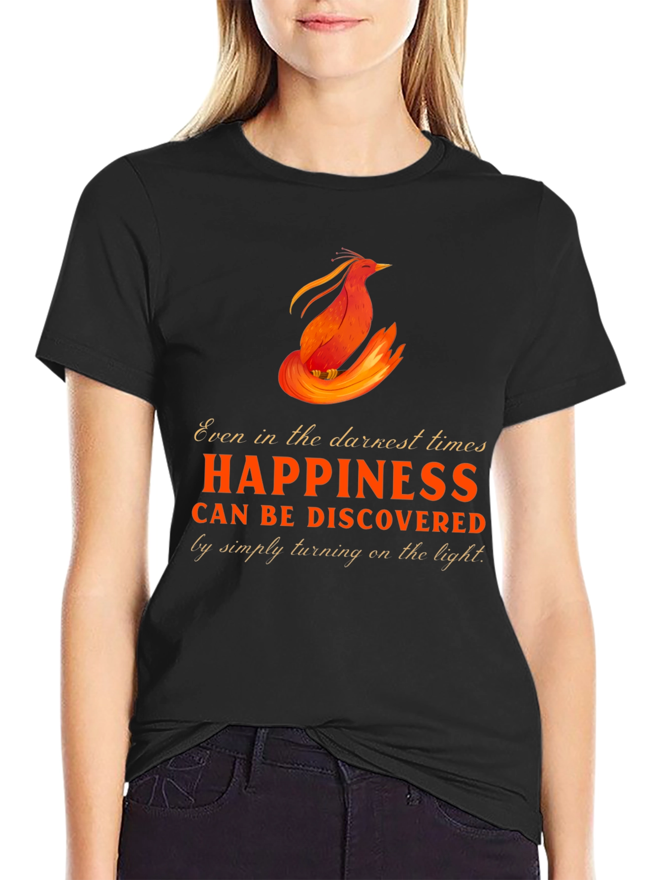 Black Phoenix Happiness Graphic T-Shirt - Inspirational Design view 2