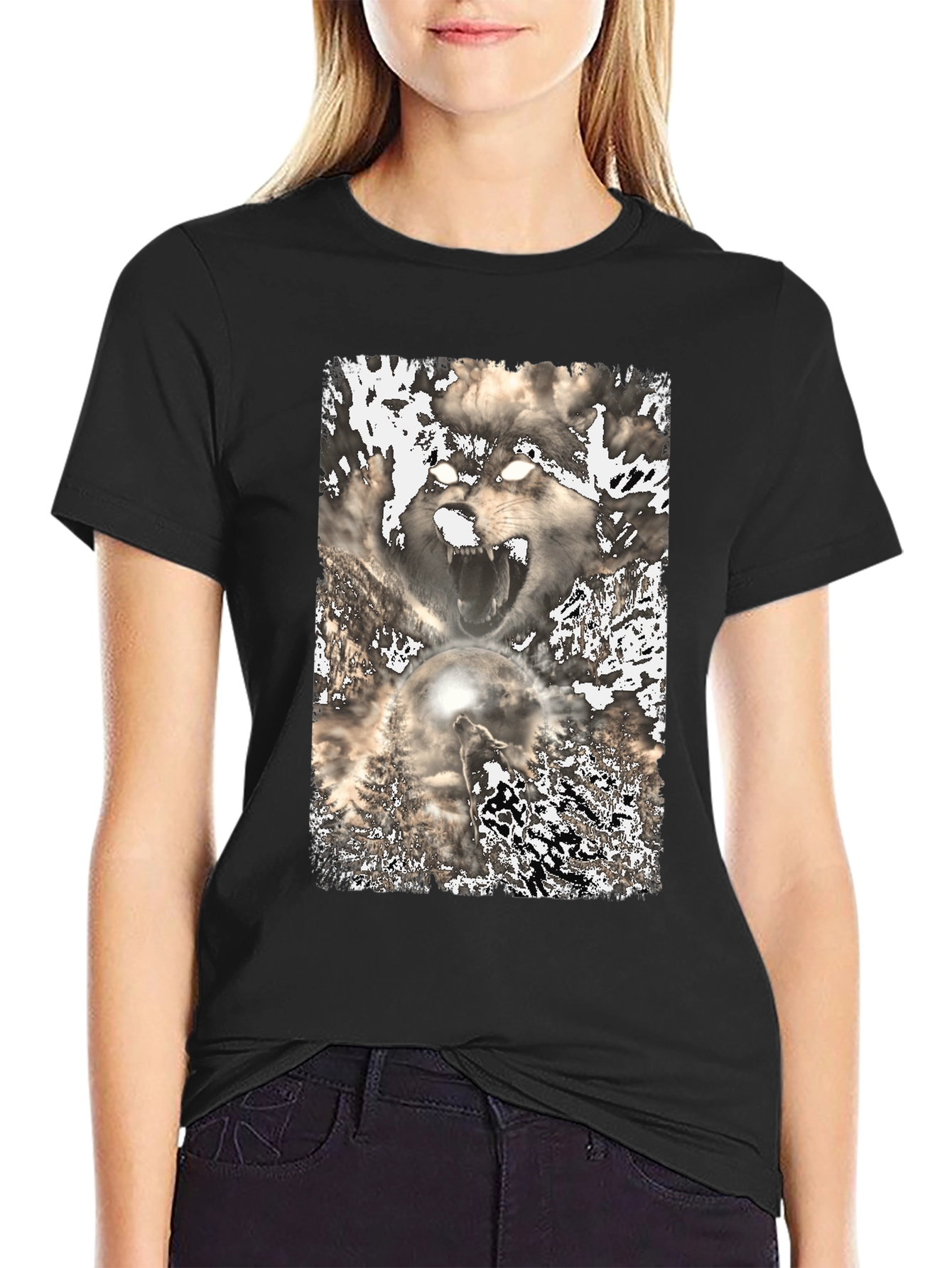 Black Wolf Graphic Print Tee - Black view 2