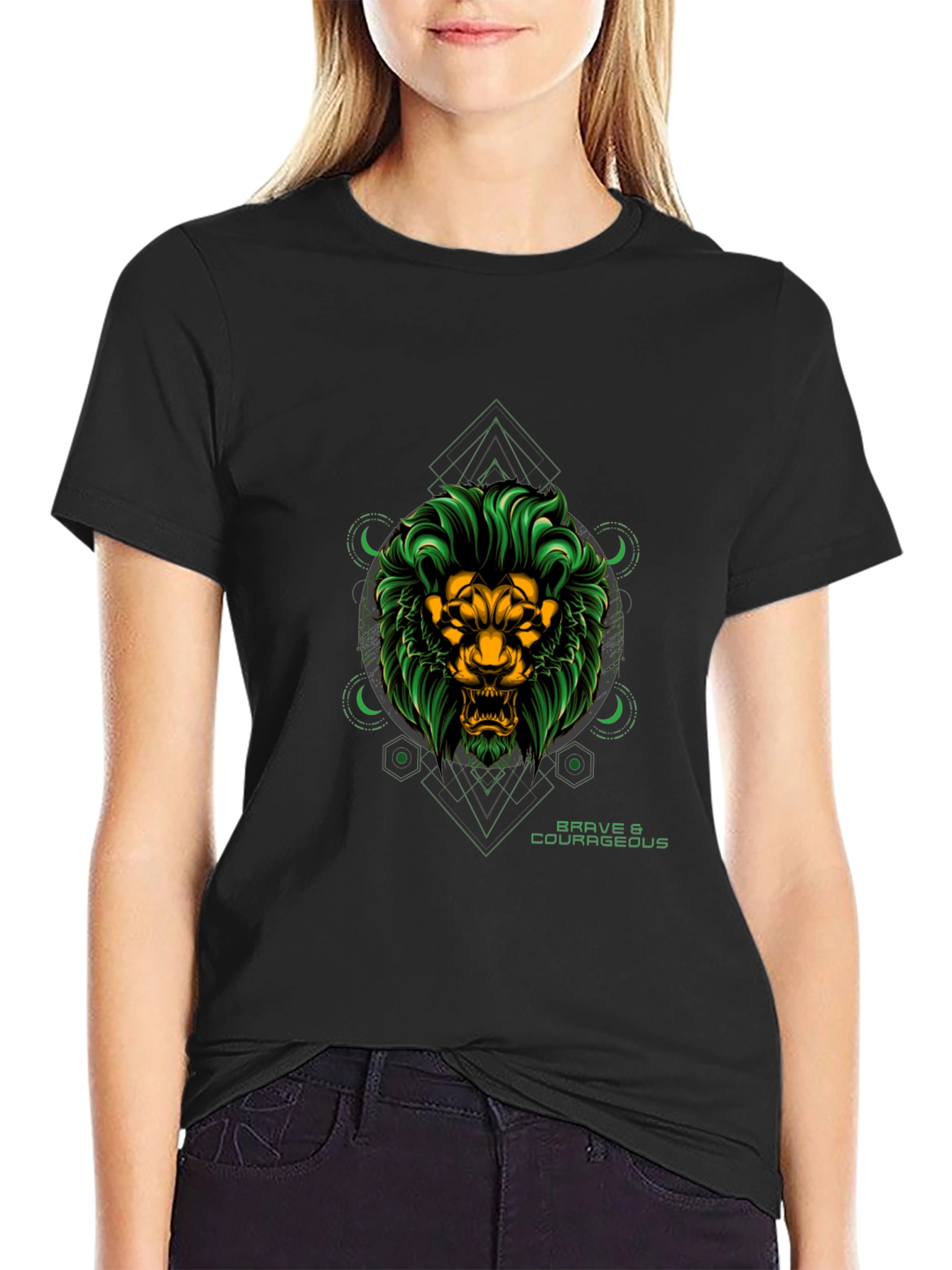Black Brave Lion Graphic Tee - Black Cotton T-Shirt view 2