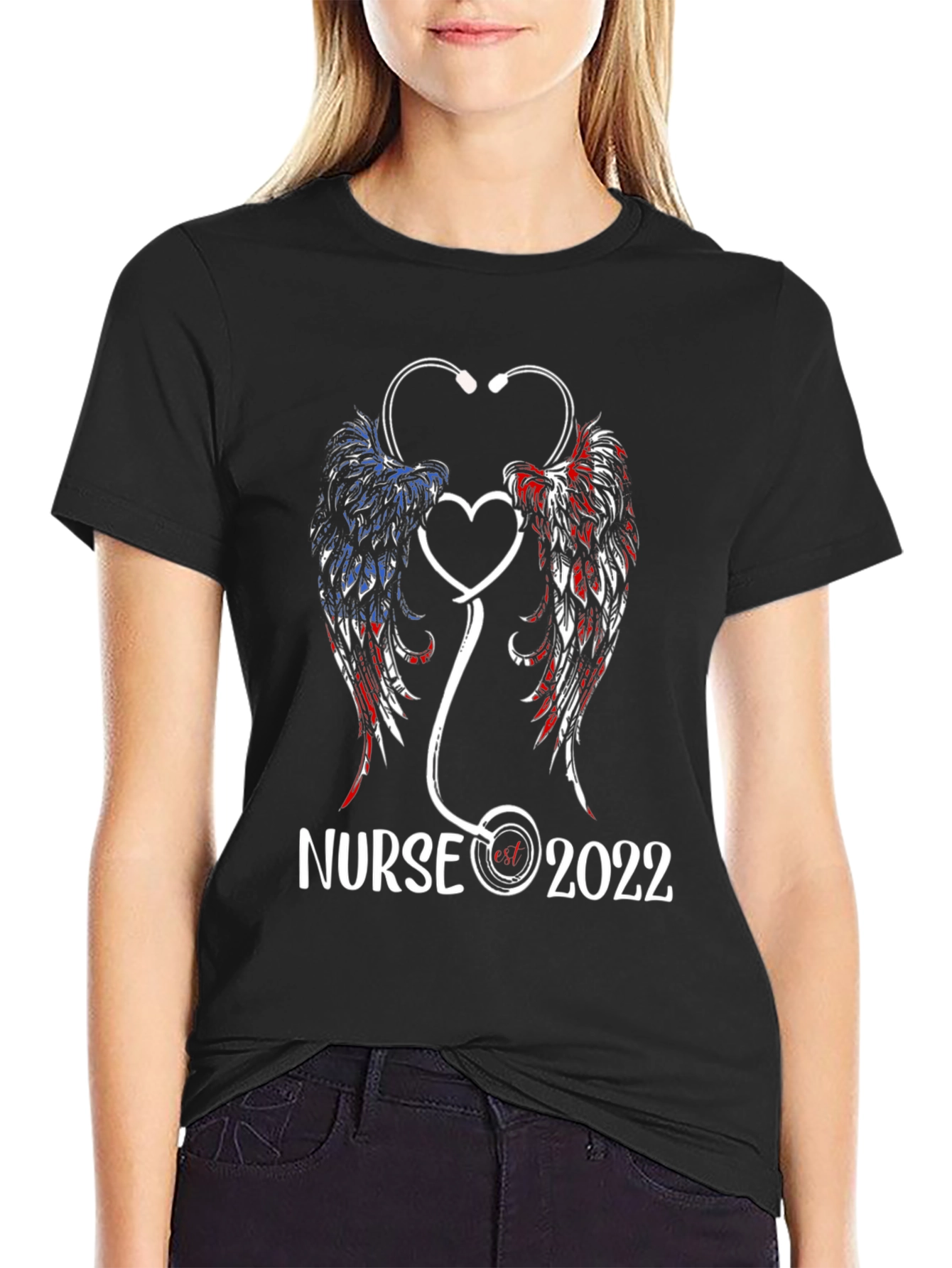 Black Nurse 2022 T-Shirt - Angel Wings Stethoscope Design view 2
