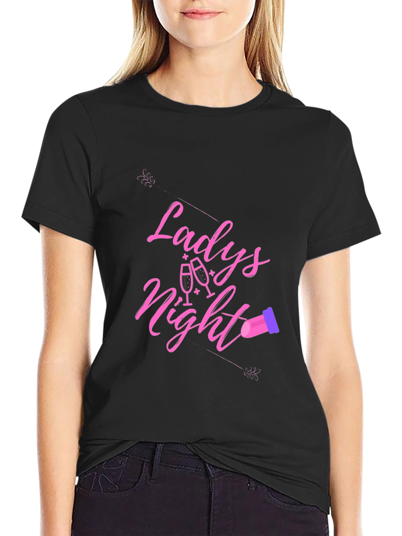 Black Ladies Night T-Shirt - Black Crew Neck view 2