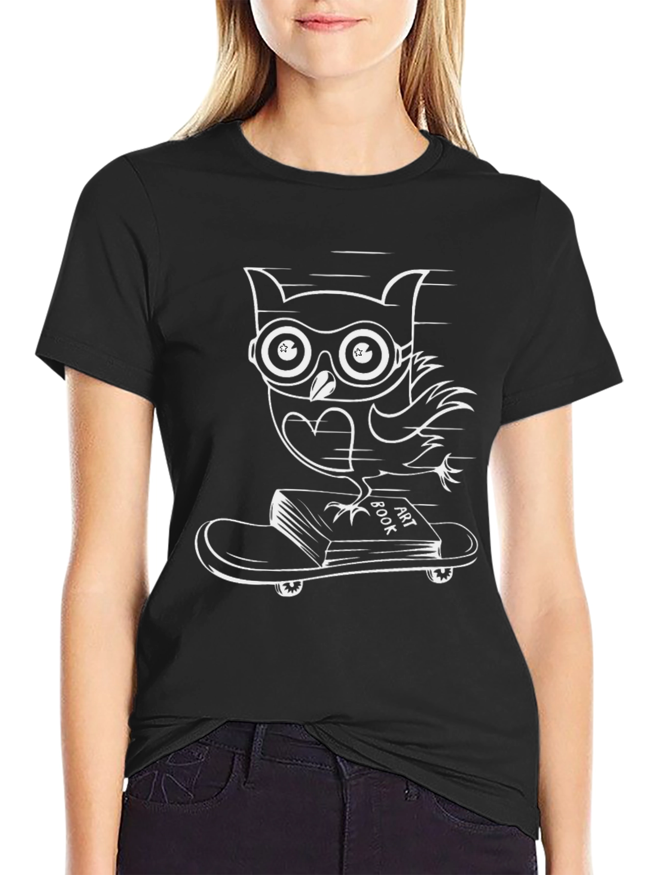 Black Owl on Skateboard Graphic T-Shirt view 2