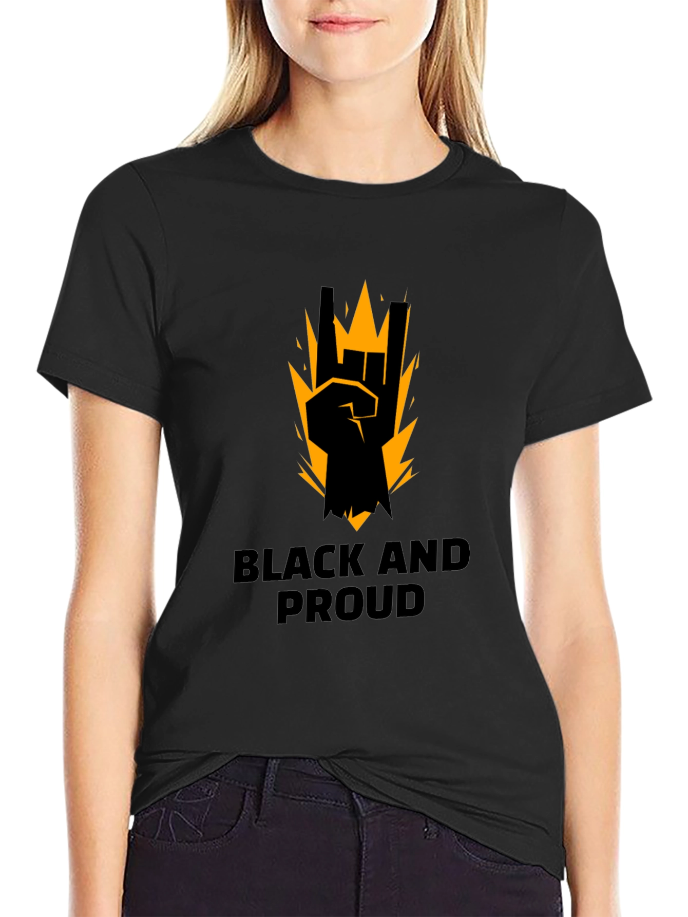 Black Black and Proud Graphic Tee - Rock On Sign view 2
