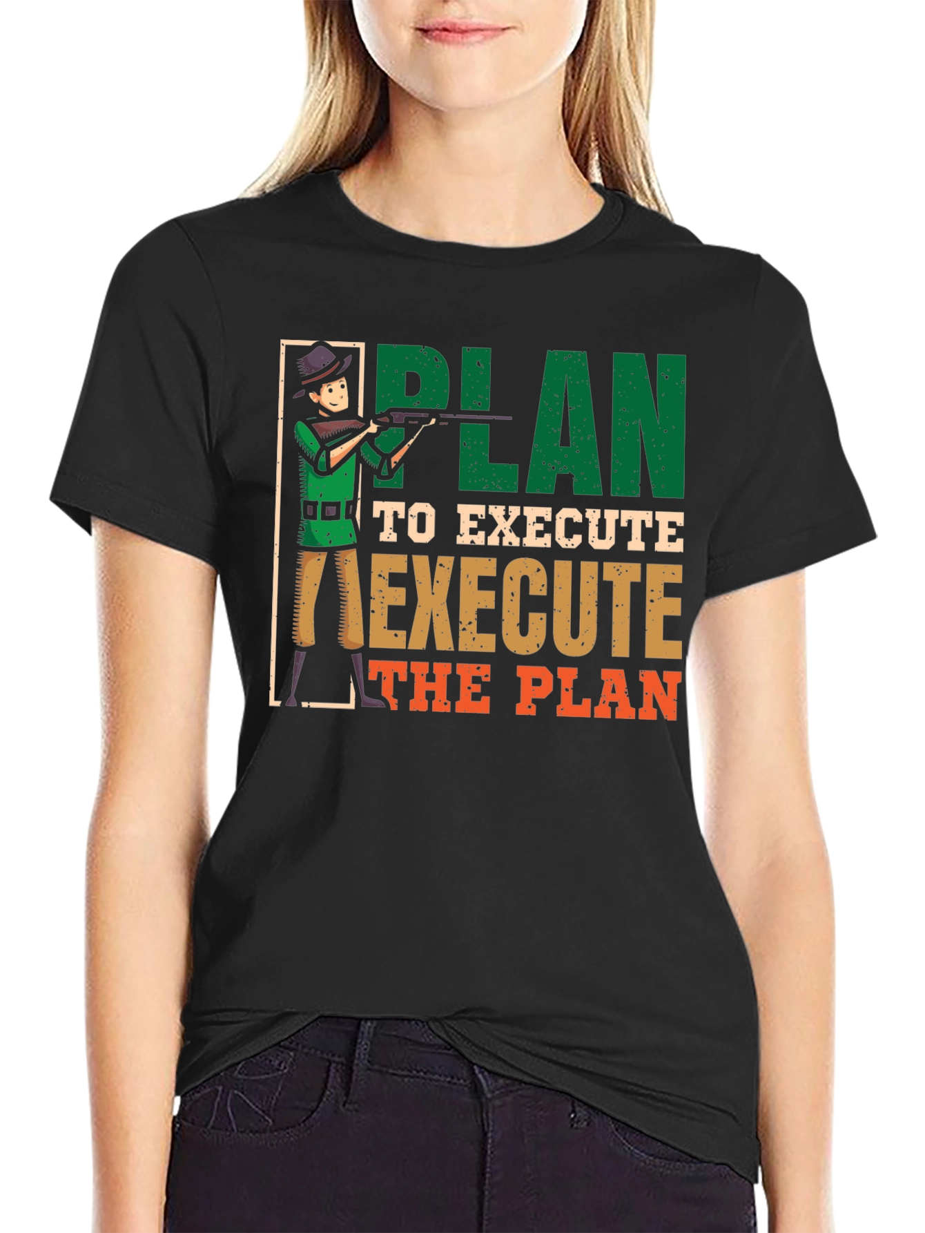 Black Plan to Execute Funny Hunting Graphic T-Shirt view 2