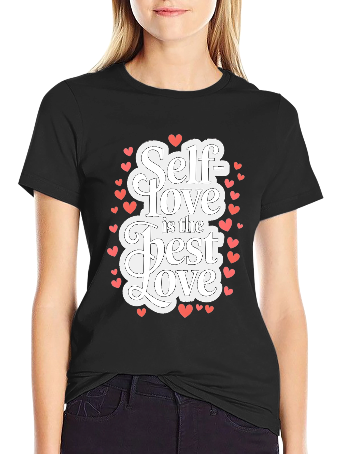 Black Self Love T-Shirt - Black Cotton Tee with Heart Accents view 2