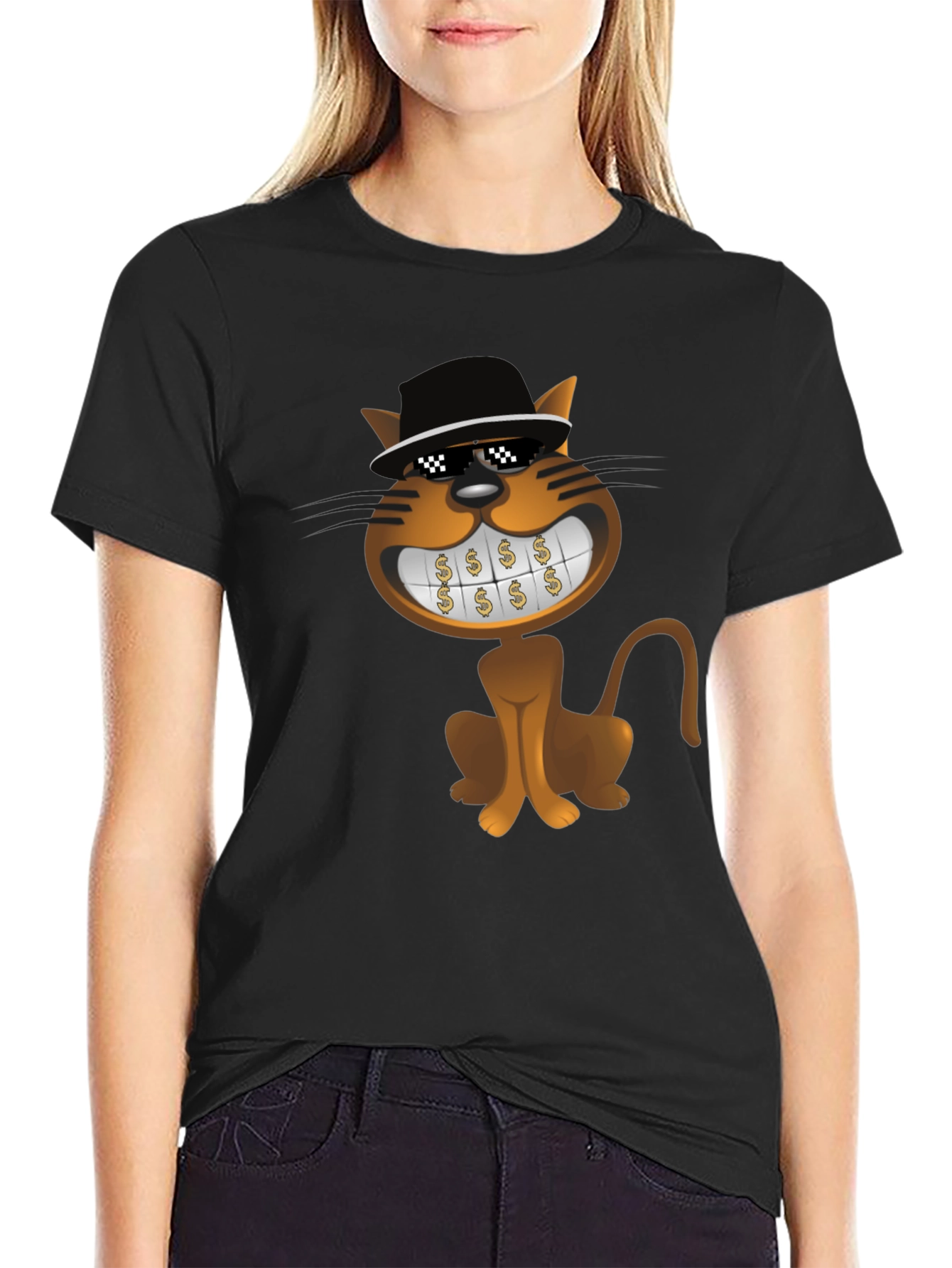 Black Cartoon Cat T-Shirt: Funny Design, Black Tee view 2