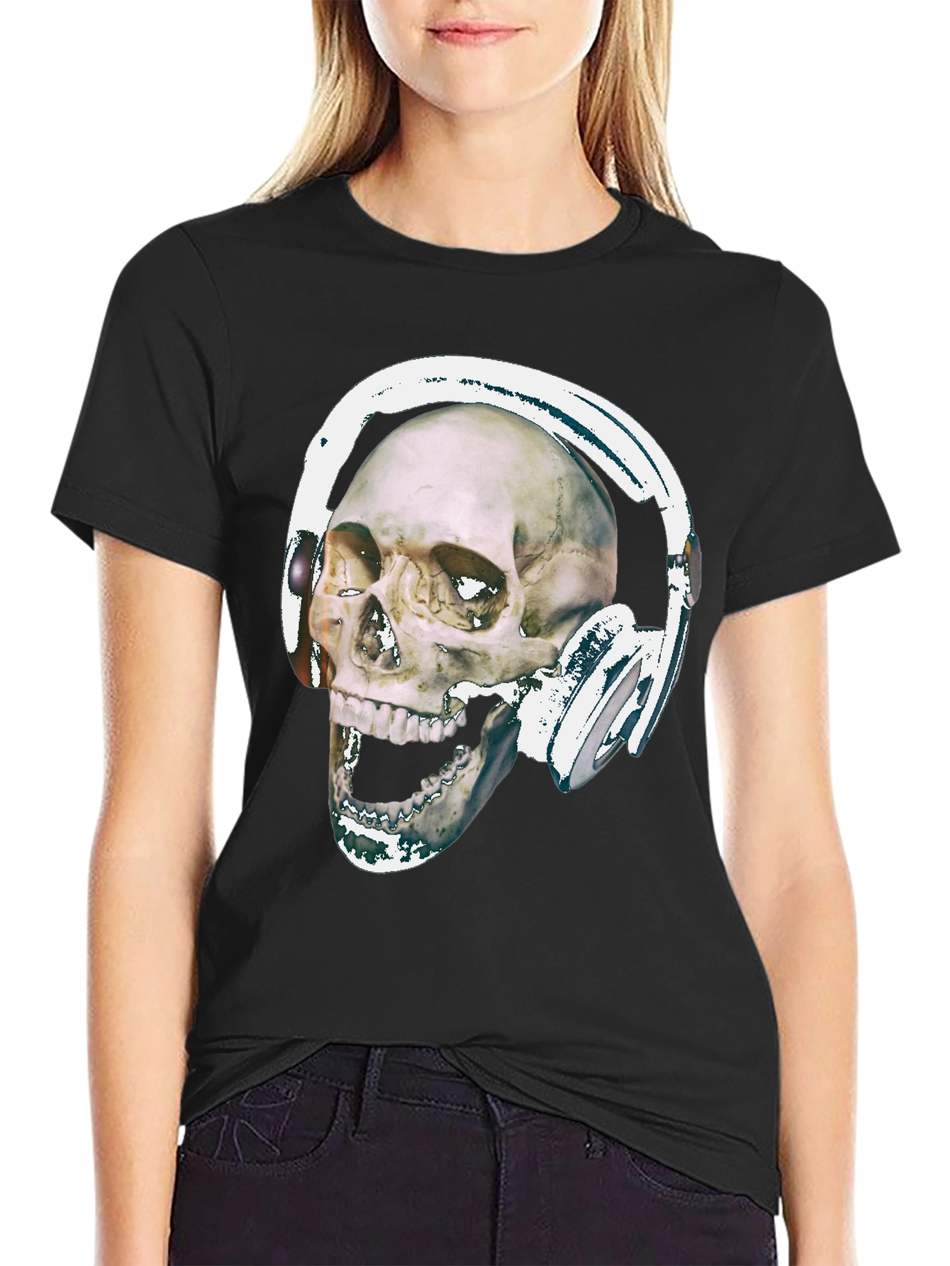 Black Skull With Headphones Graphic Tee - Black Cotton view 2