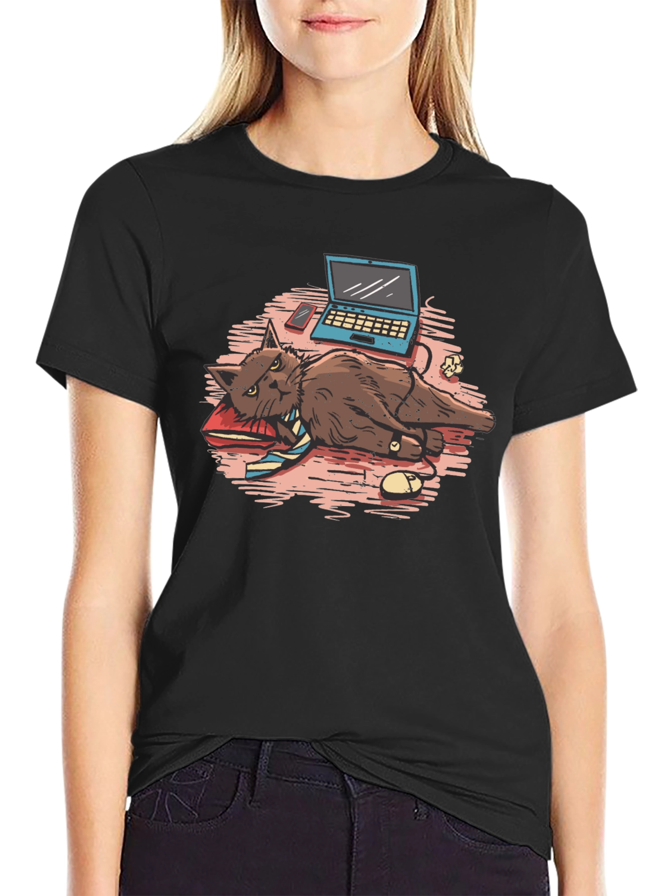 Black Work From Home Cat T-Shirt view 2