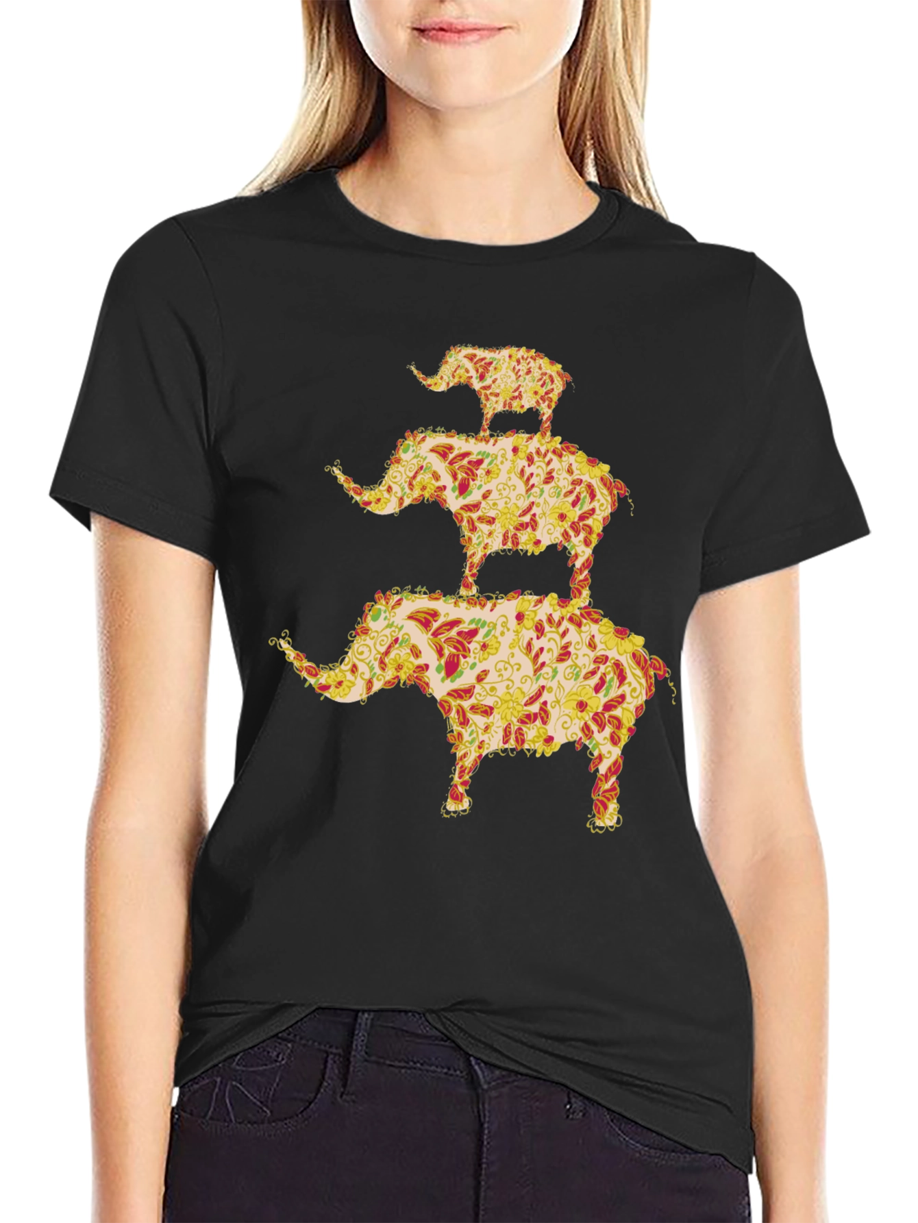 Black Elephant Stack Graphic Tee - Unique Men's Black T-Shirt view 2