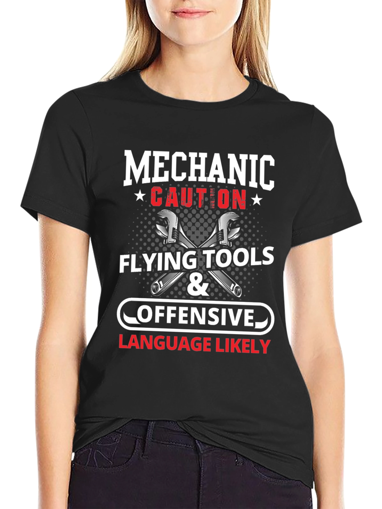 Black Mechanic Caution Flying Tools & Offensive Language Likely T-Shirt view 2