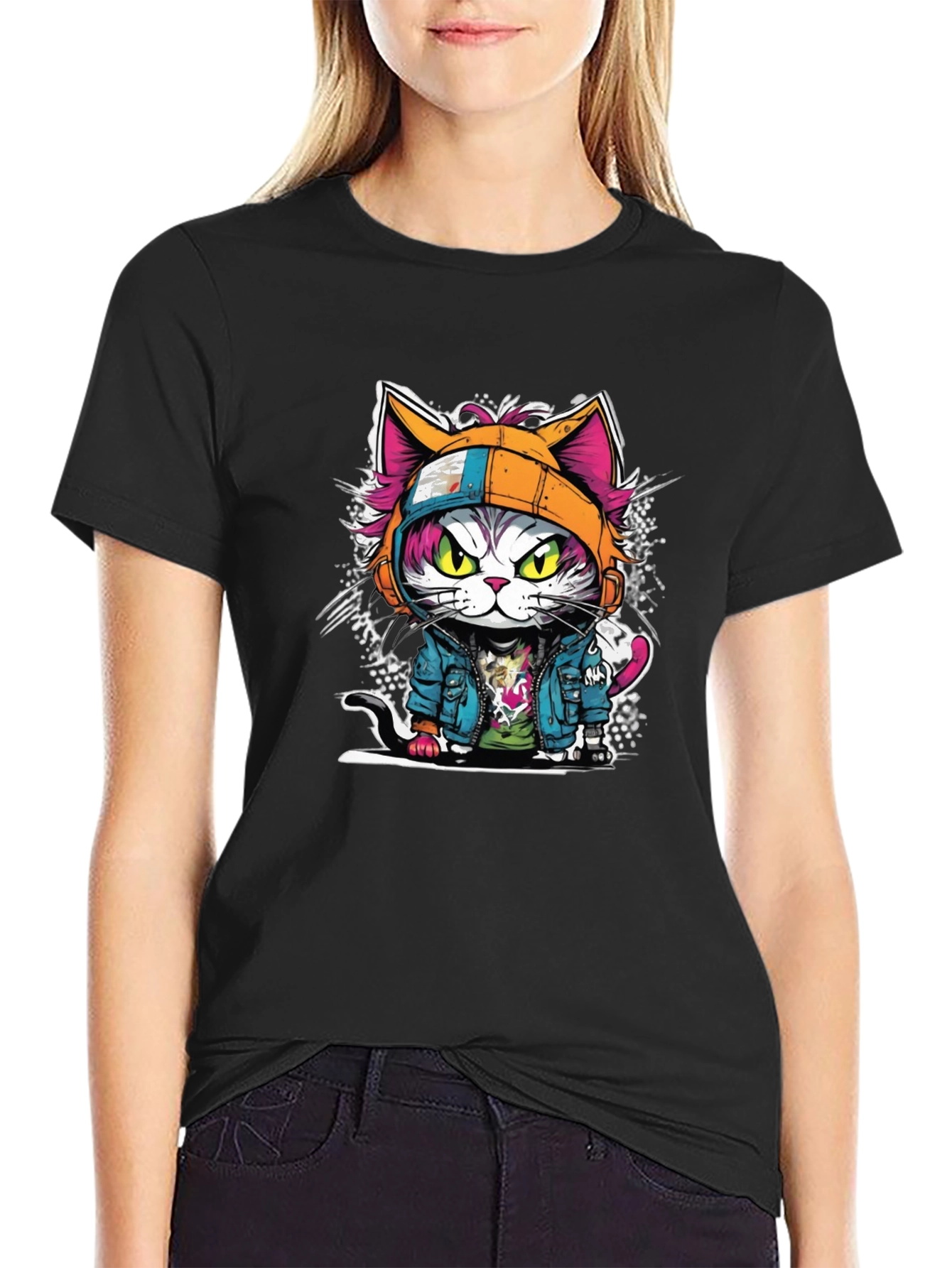 Black Cool Cat Graphic Tee - Street Style view 2